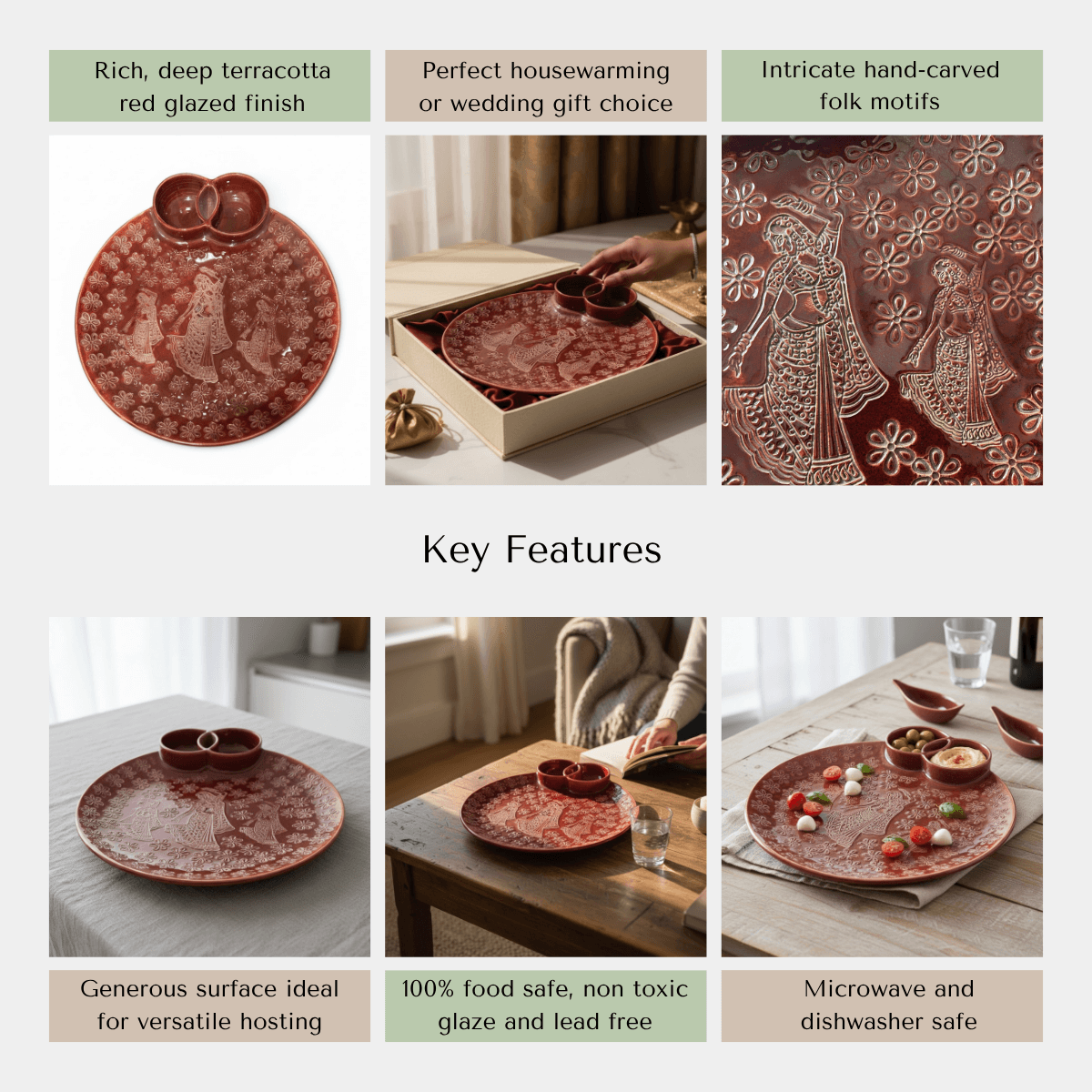 An infographic highlighting the microwave-safe build, food-safe protective glaze, and heavy-duty stoneware material of the platter.