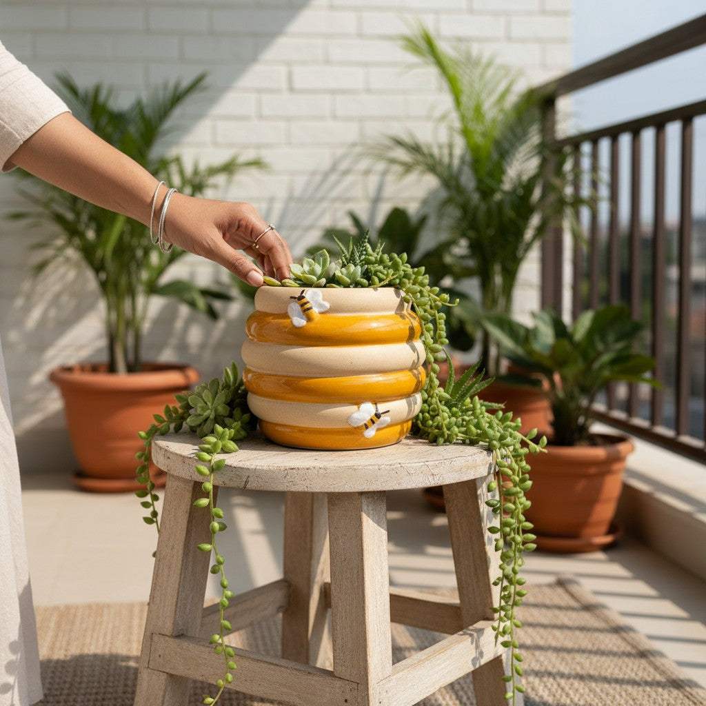 The nostalgic honey jar style ceramic plant pot catching bright morning sunlight on a modern apartment balcony.