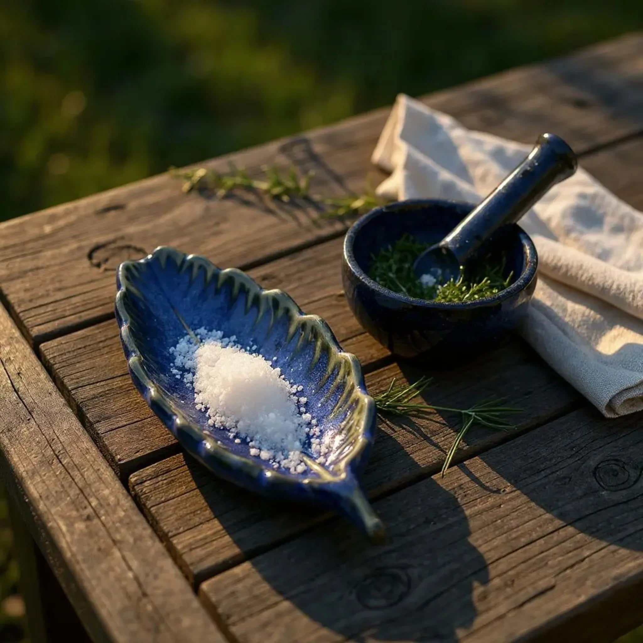 Blue ceramic leaf-shaped dish with salt on a wooden surface with a mortar and pestle.