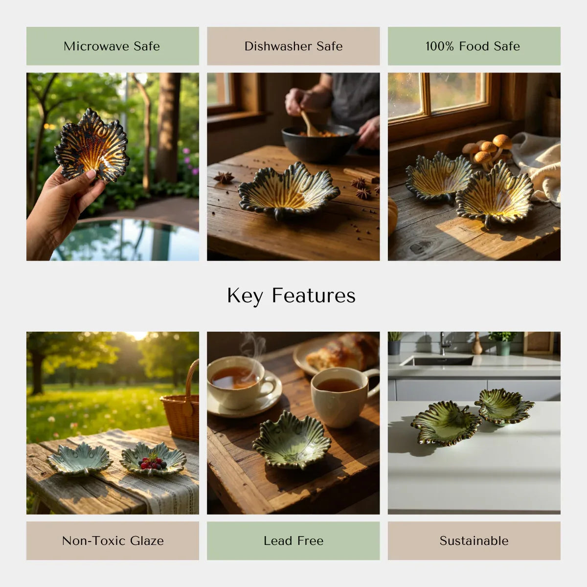 Collage showing a ceramic leaf shaped dish with key features such as being microwave, dishwasher and food safe, non-toxic glaze, lead free, and sustainable.