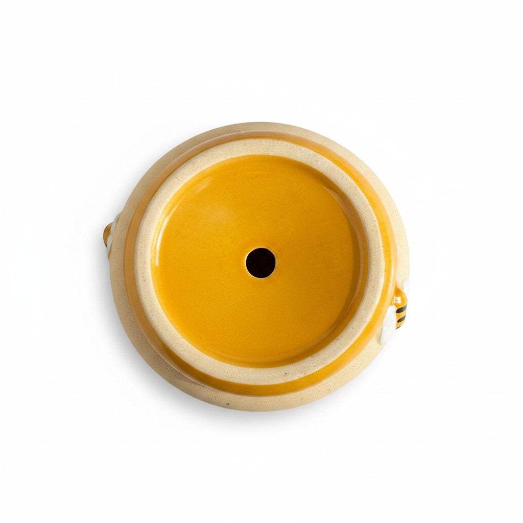 Bottom perspective view highlighting the functional built-in drainage hole of the yellow honey jar pot to prevent overwatering.