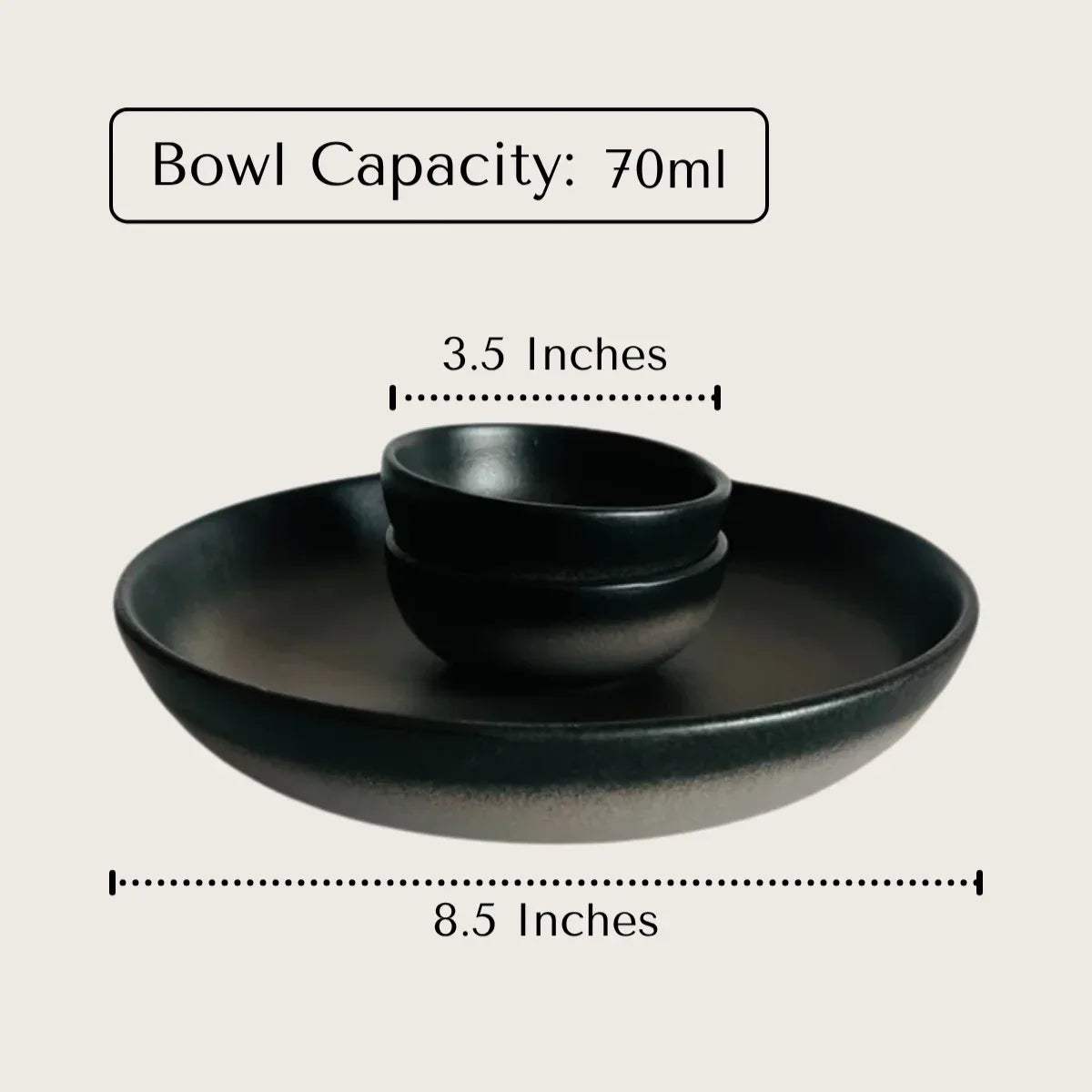 Black Rustic Stone artisanal bowl and plate set, 3.5 inch bowl with 70ml capacity, 8.5 inch plate.