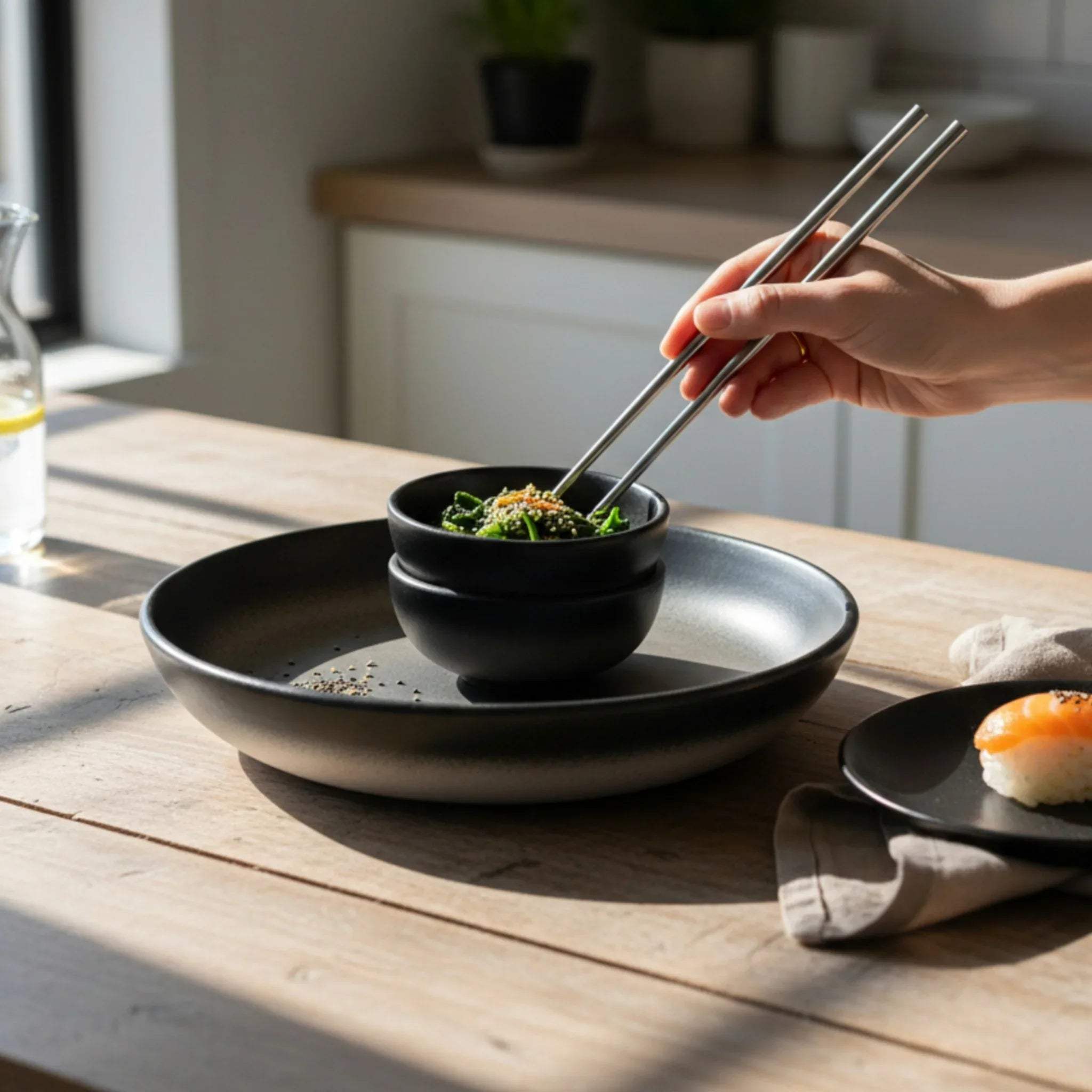 Charcoal Rice Bowls with seaweed and chopsticks; Pinterest-worthy food photography and aesthetic dinnerware ideas.