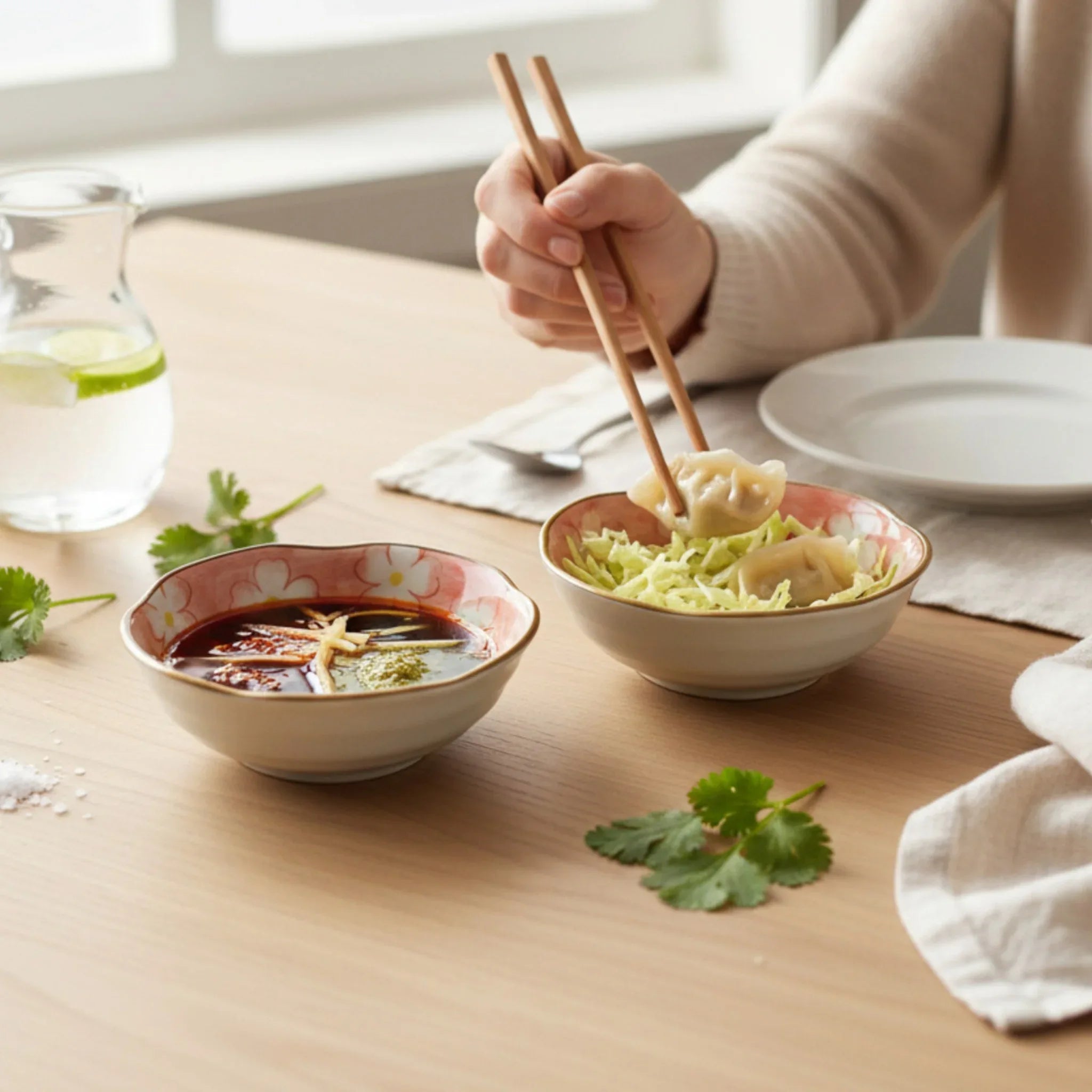 Porcelain bowl with soy sauce; showing the 125ml capacity per bowl, perfect for chutneys, sauces, or small treats.