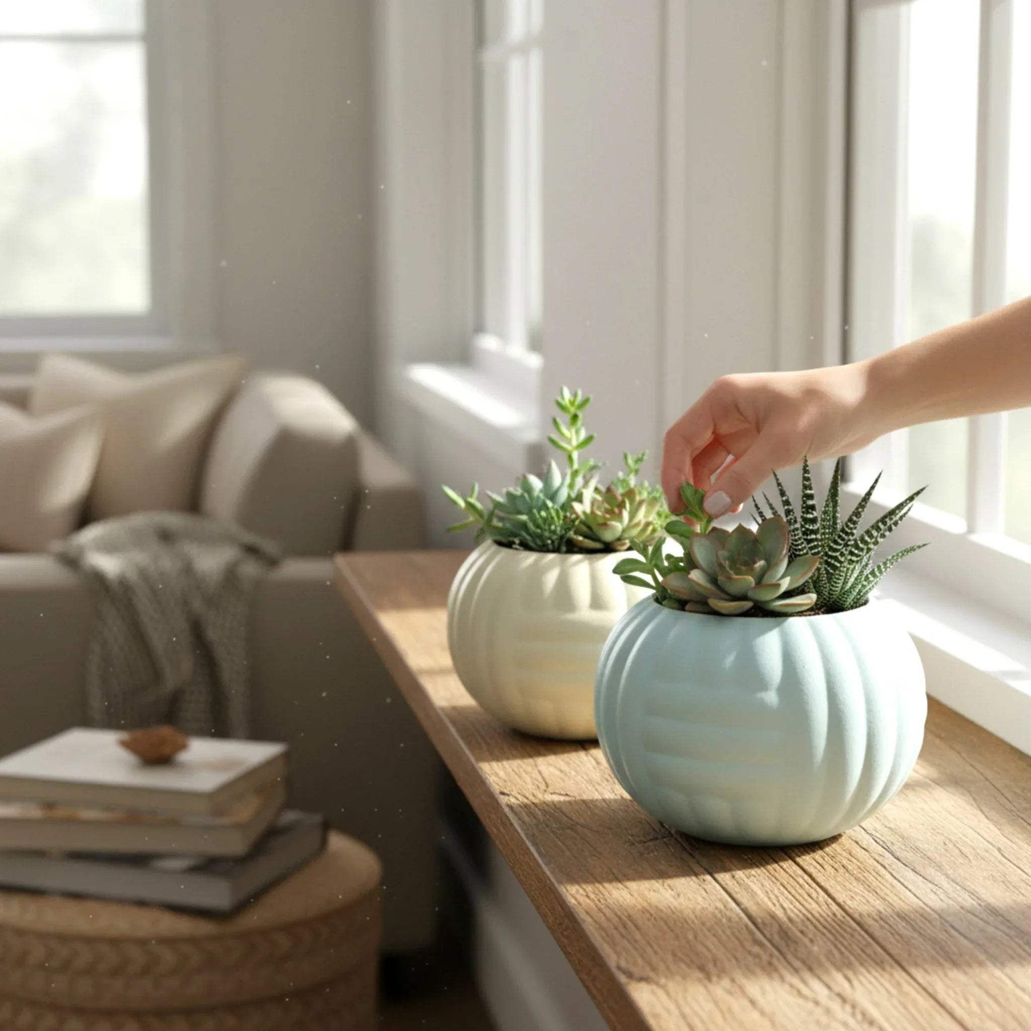 Cloud Planters with green ferns; Pinterest-worthy living room styling and airy interior design ideas.