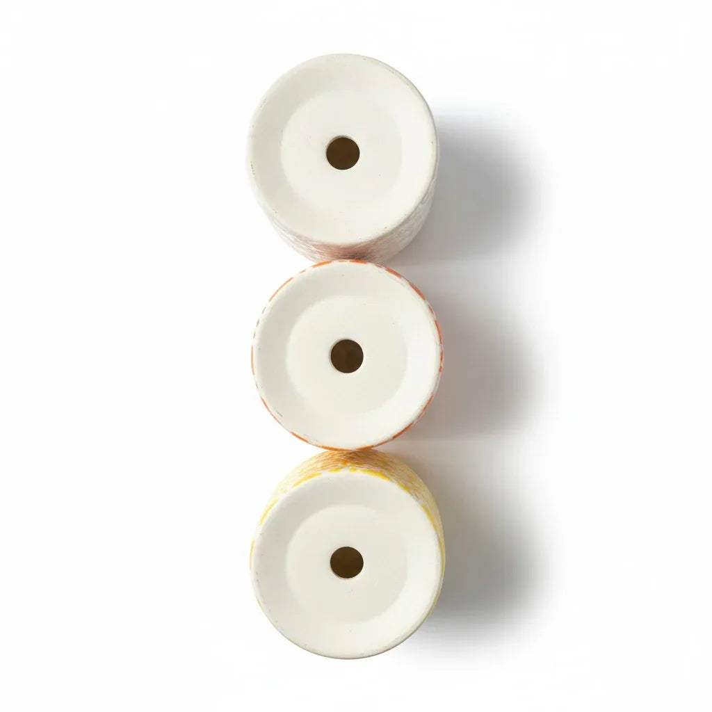 Three ceramic planters showing the back view and drainage holes.