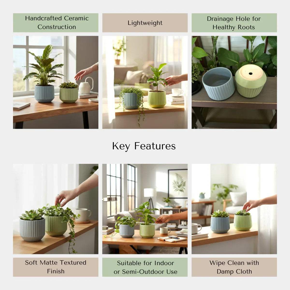 Rustic Stone quality; breathable clay, non-toxic, and lead-free handcrafted ceramic planter set.