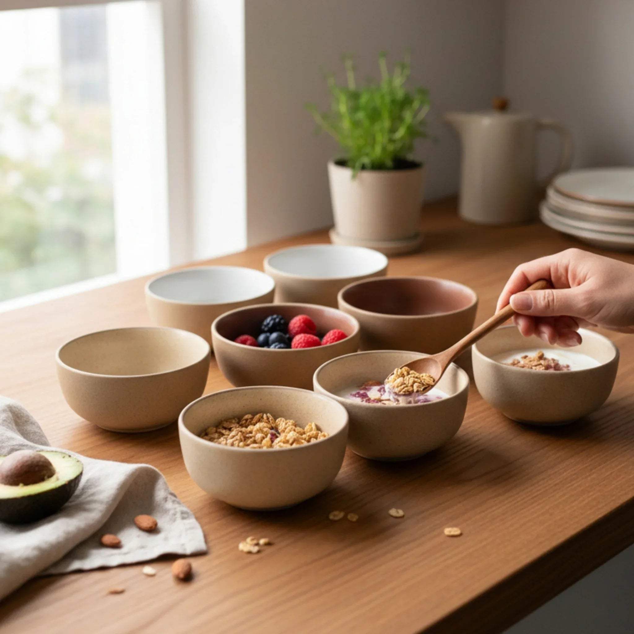 Banded horizon glaze colors; handcrafted pottery rim and artisanal ceramic finish for luxury mood boards.
