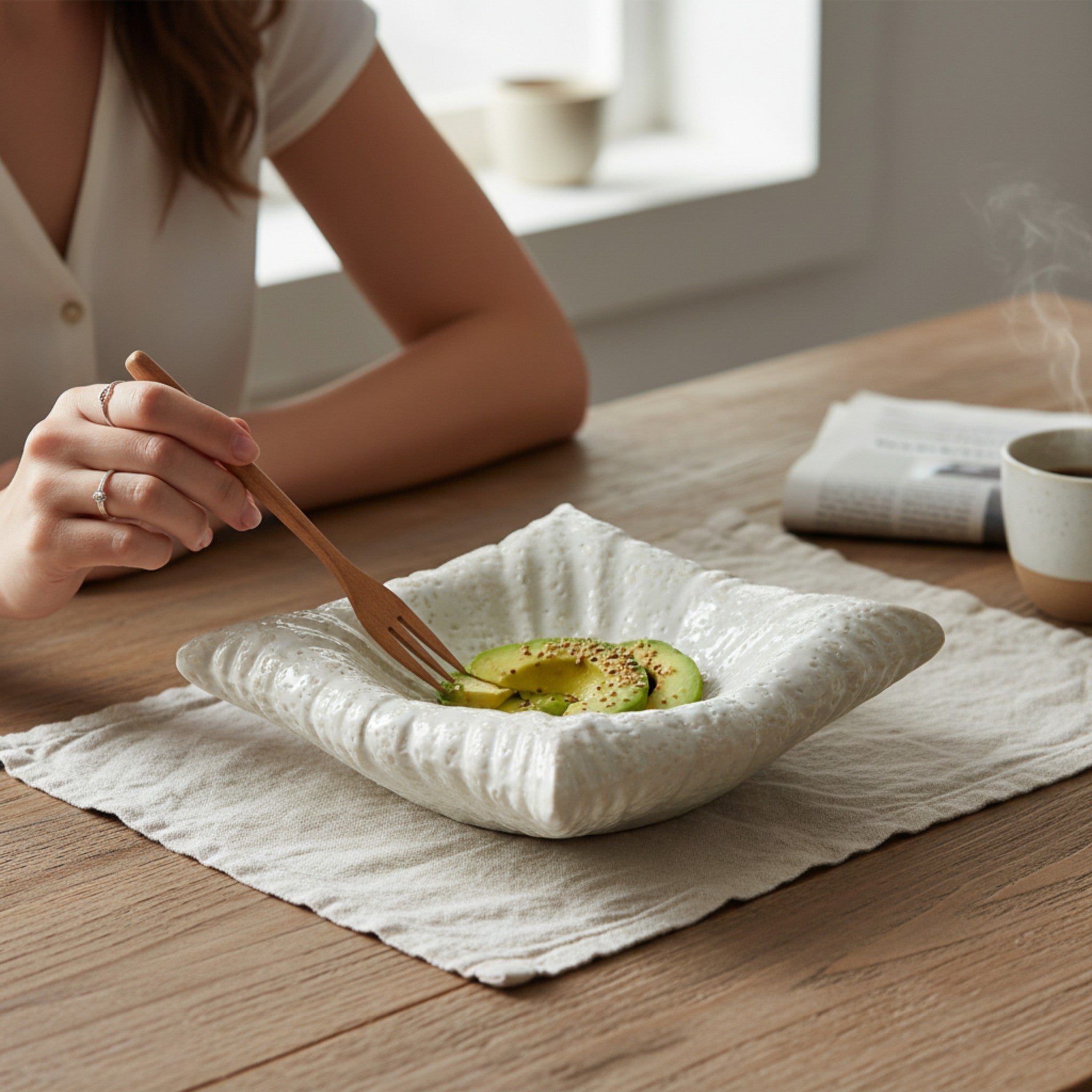 Cloud Cushion Platter with avocado; Pinterest-worthy breakfast ideas and minimalist interior design styling.