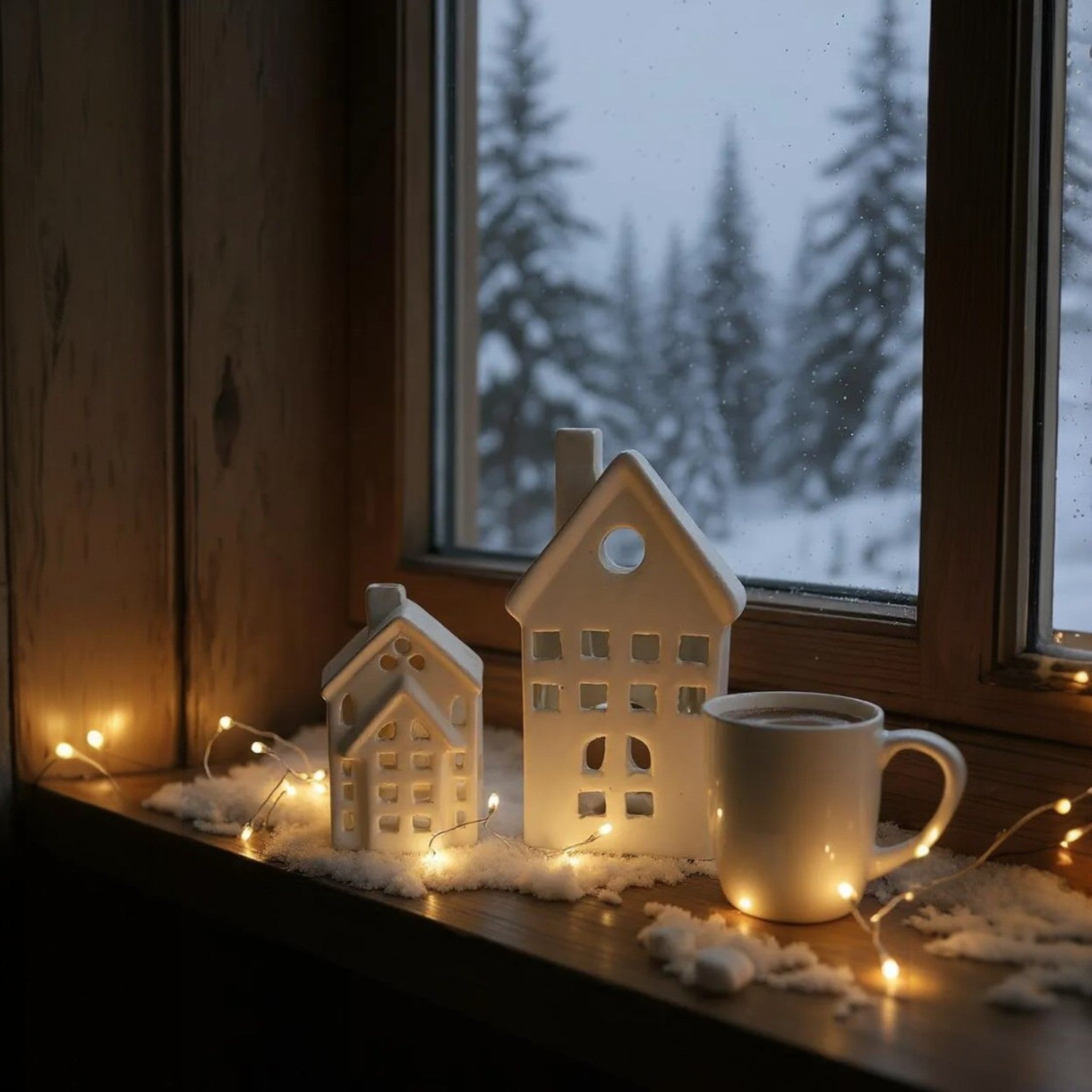 Decorative house-shaped lantern and mug on a windowsill with a snowy landscape outside.