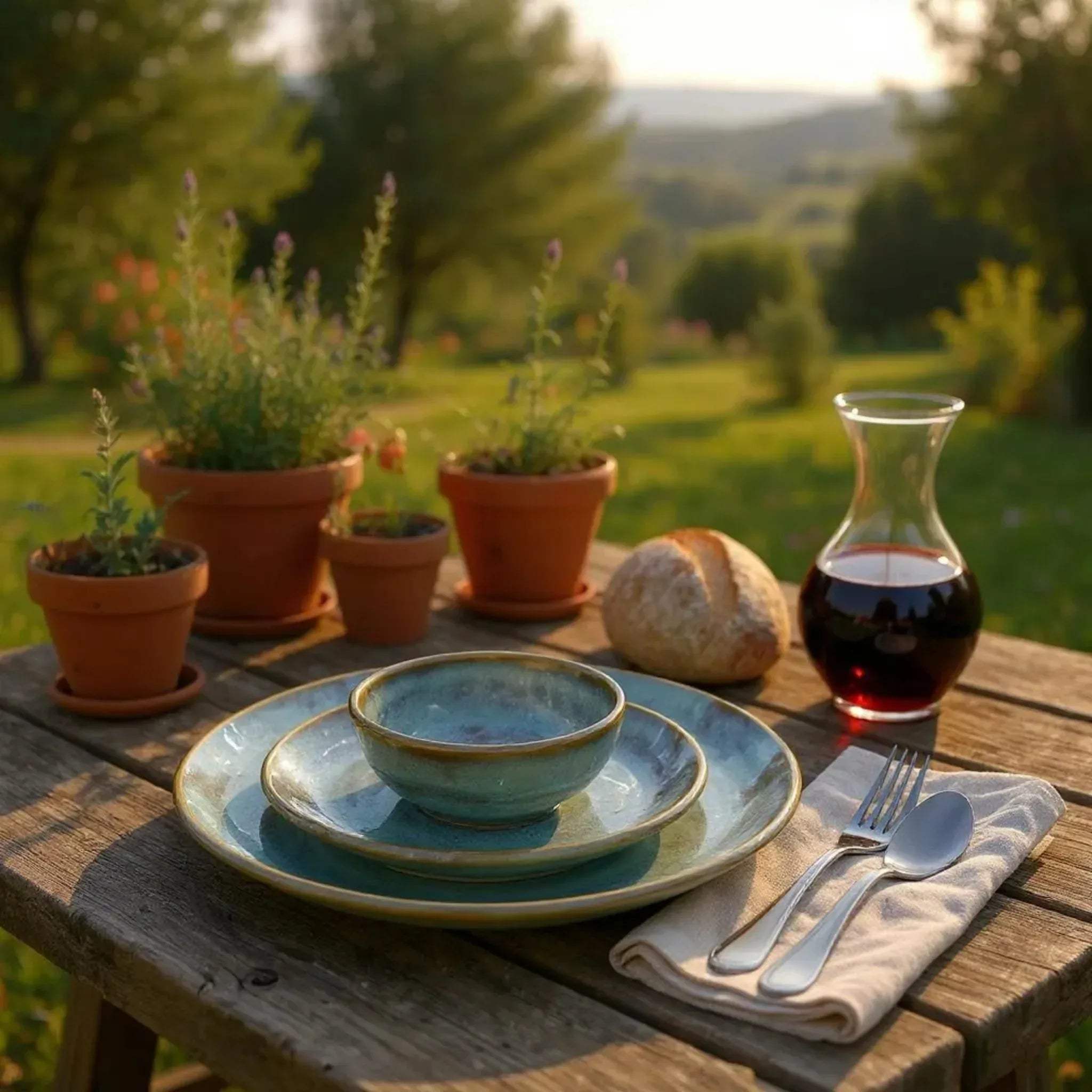 Serene coastal table setup; Oceanstone Dinner Set on a outdoor wooden table with wine and bread.
