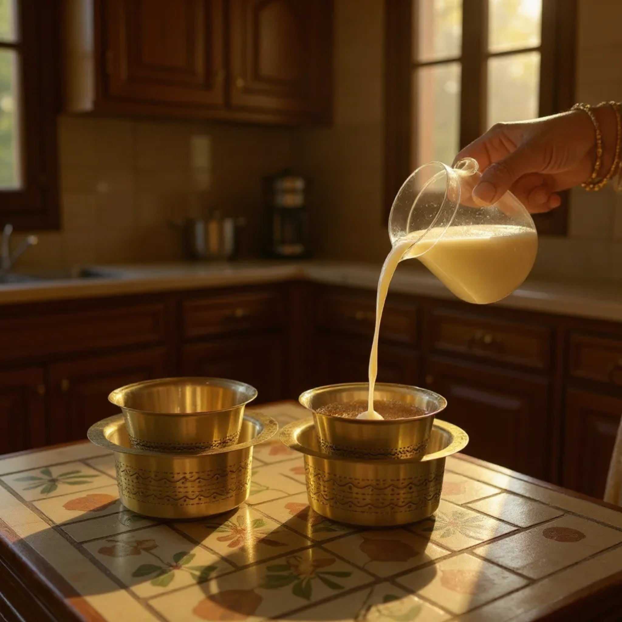 Person pouring liquid into brass containers on a kitchen counter