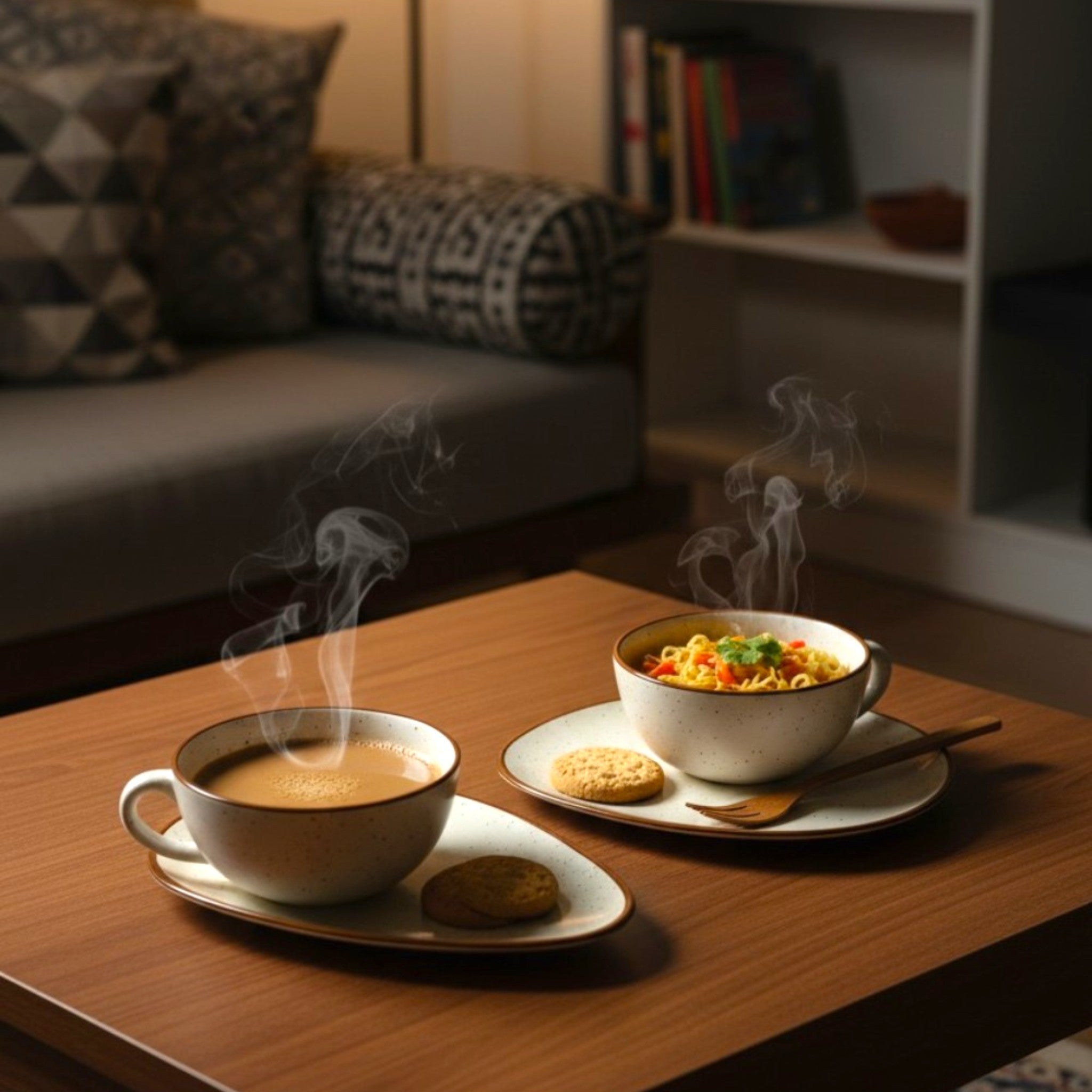 A steaming cup of tea and a bowl of noodles (Maggi) in matching white speckled ceramic ware, placed on a wooden coffee table with a cozy sofa and bookshelf in the warm-toned background.