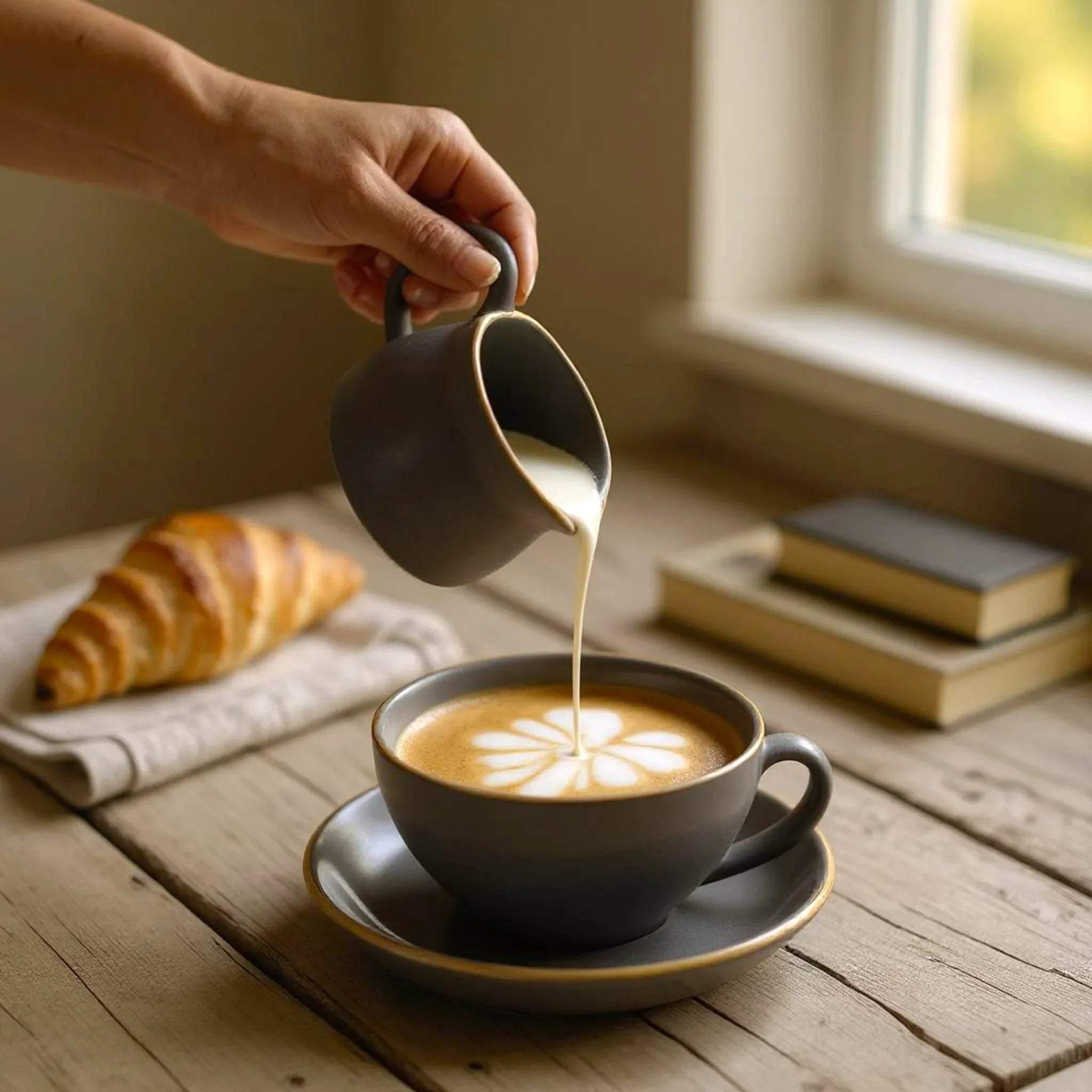 Person pouring coffee from a pitcher into a ceramic grey cup on a wooden table with a croissant and books in the background.