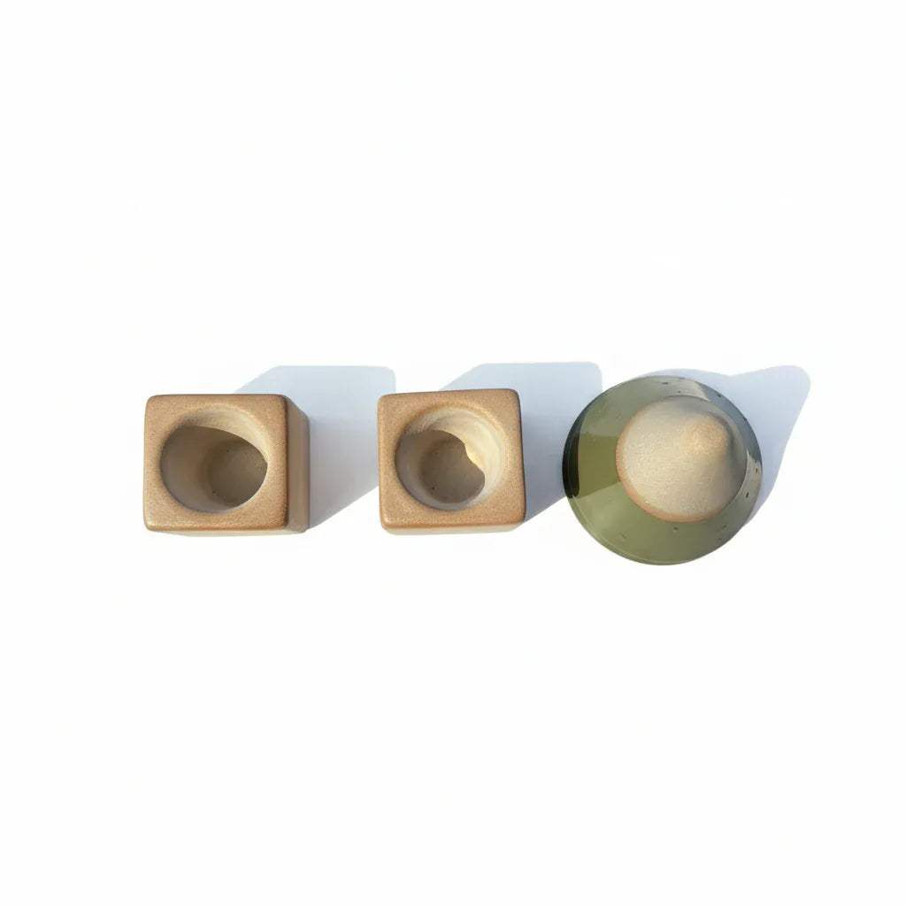 Pine Conical Espresso Set's square stand in focus showing variations in colours.