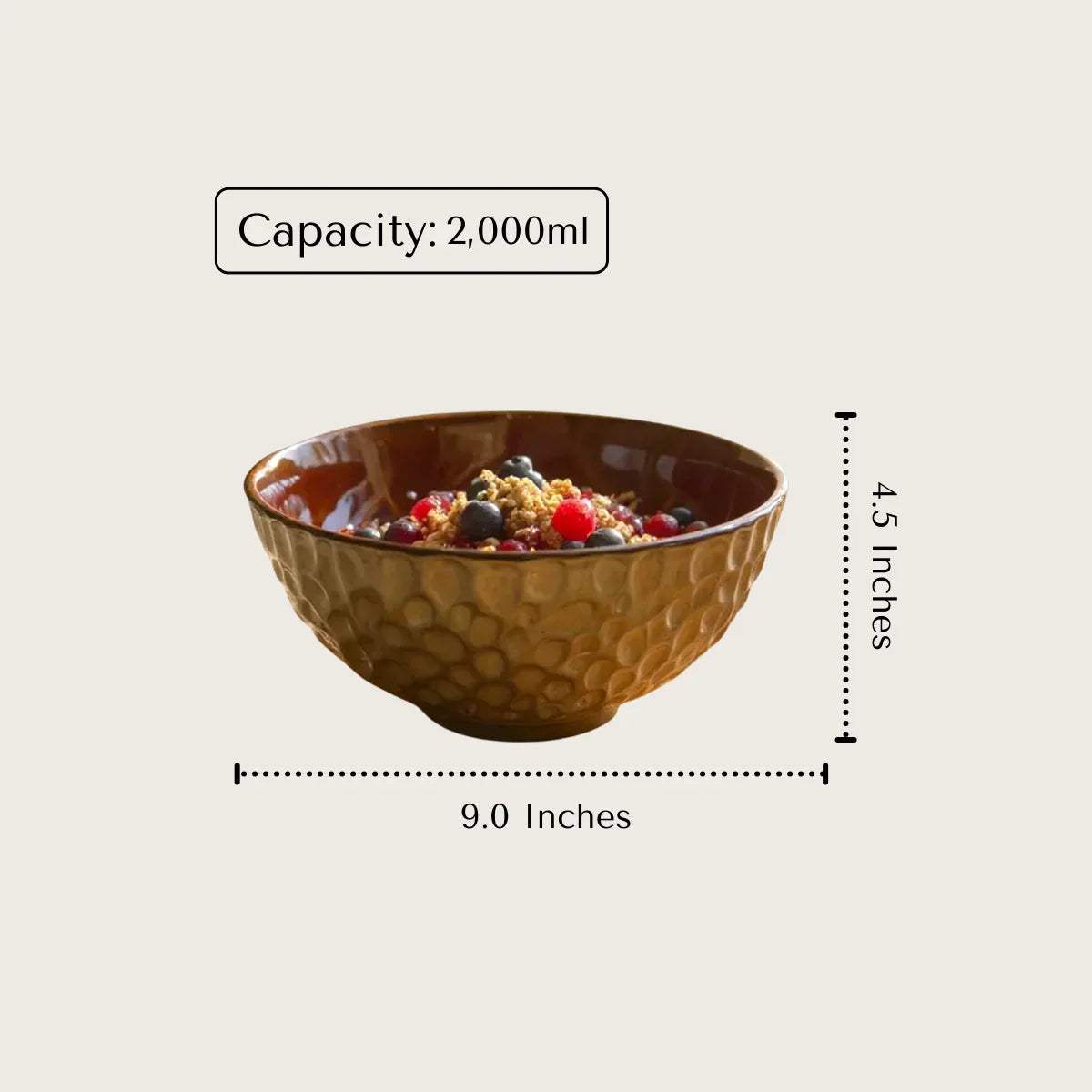 Copper Ember size; 9-inch diameter ceramic bowl with 2-liter capacity for generous serving