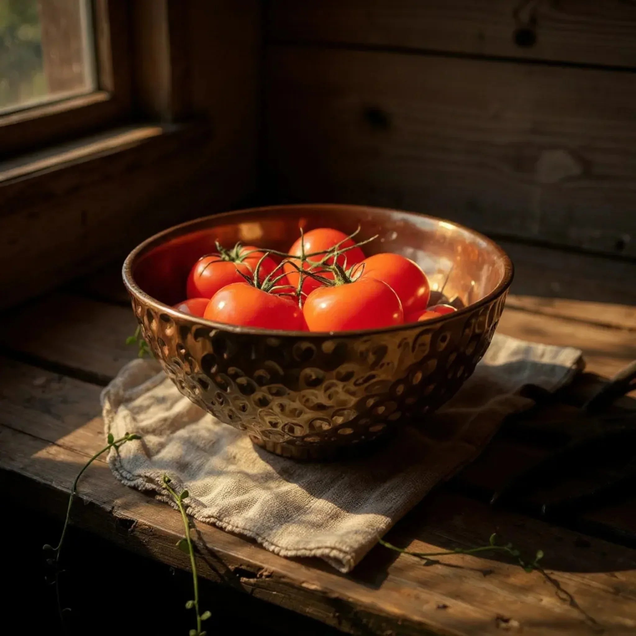 Copper Ember Bowl with tomatoes; Pinterest-worthy dinner party tablescape and warm autumn home styling.