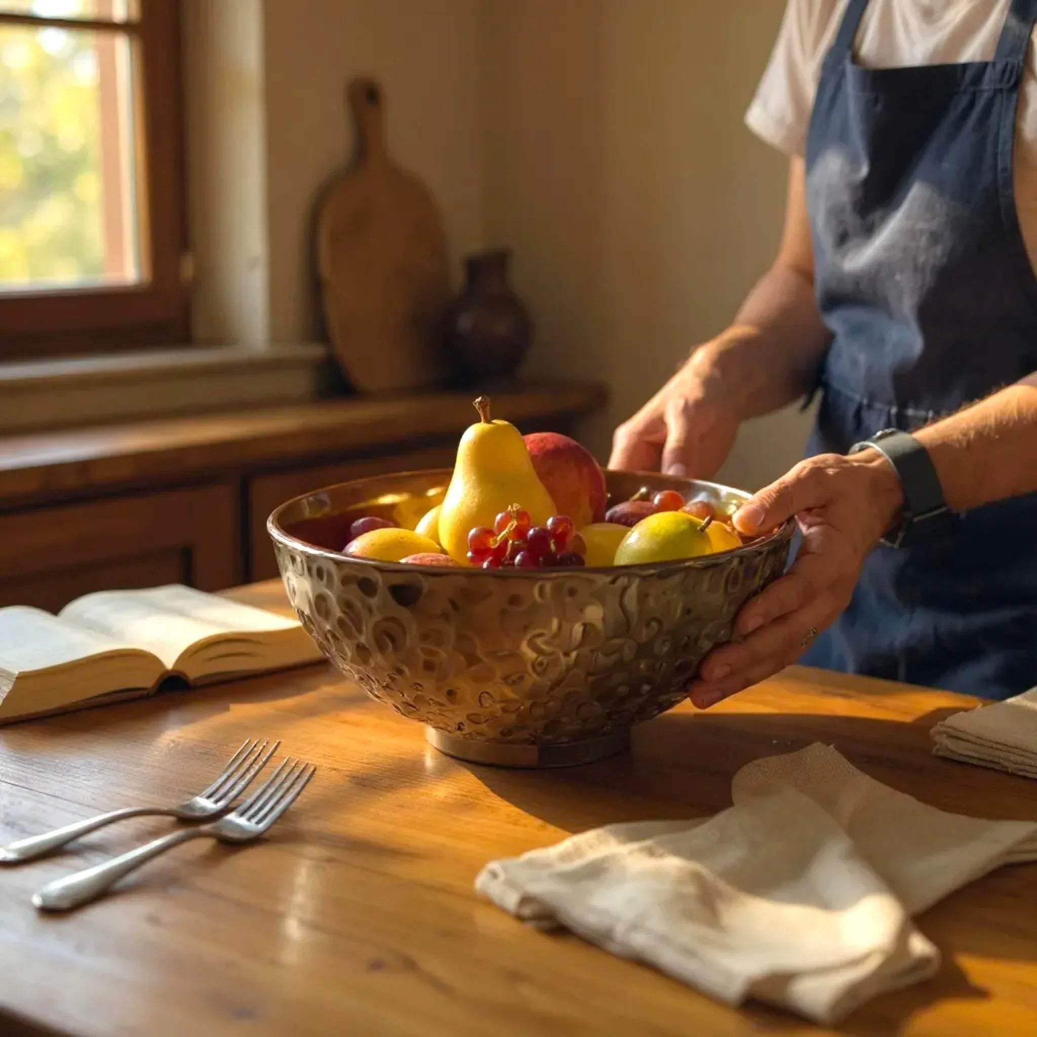 Copper glaze in a fruit bowl; fire-inspired artisanal pottery finish and handcrafted ceramic detail.