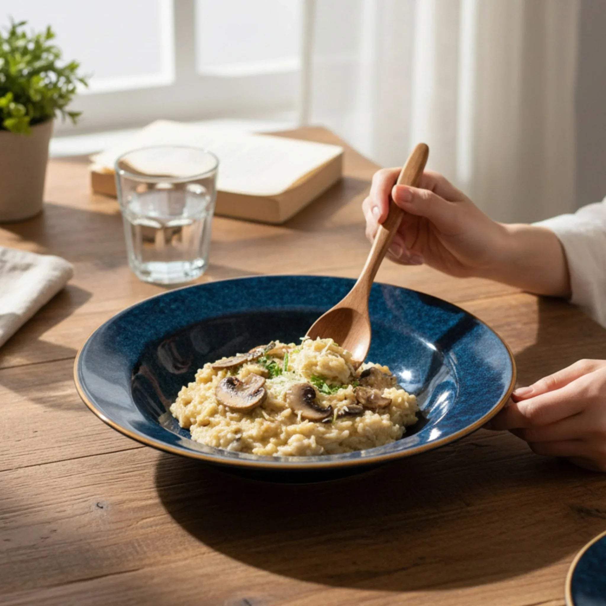 Cozy evening meal; a wide-rimmed blue ceramic pasta bowl holding steaming risotto under soft natural light.