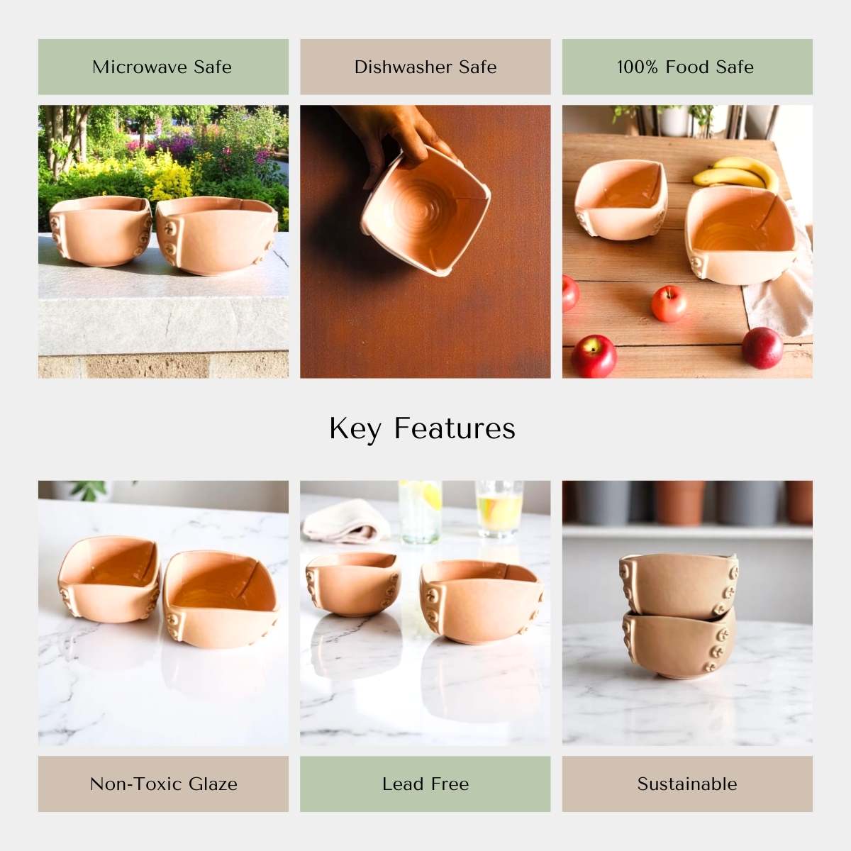 Rustic Stone quality; microwave and dishwasher safe, non-toxic, lead-free handcrafted ceramic bowls.