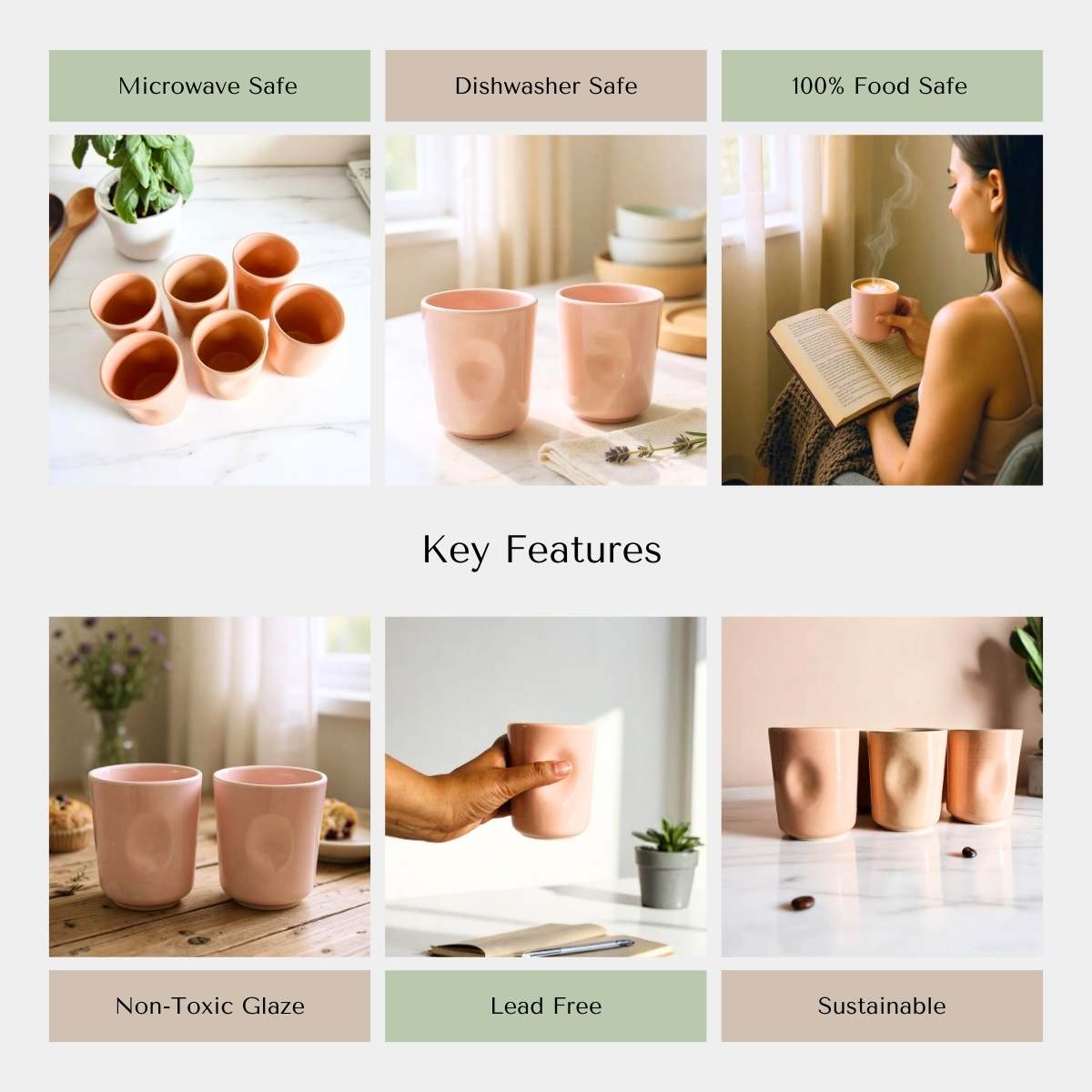 Rustic Stone quality; dishwasher safe, non-toxic, and lead-free handcrafted pink ceramic drinkware.