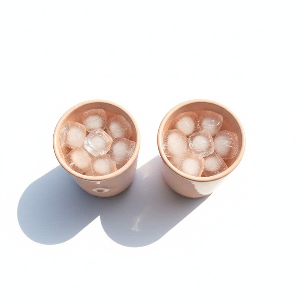 Two pink ceramic glasses filled with ice on a summer's day.