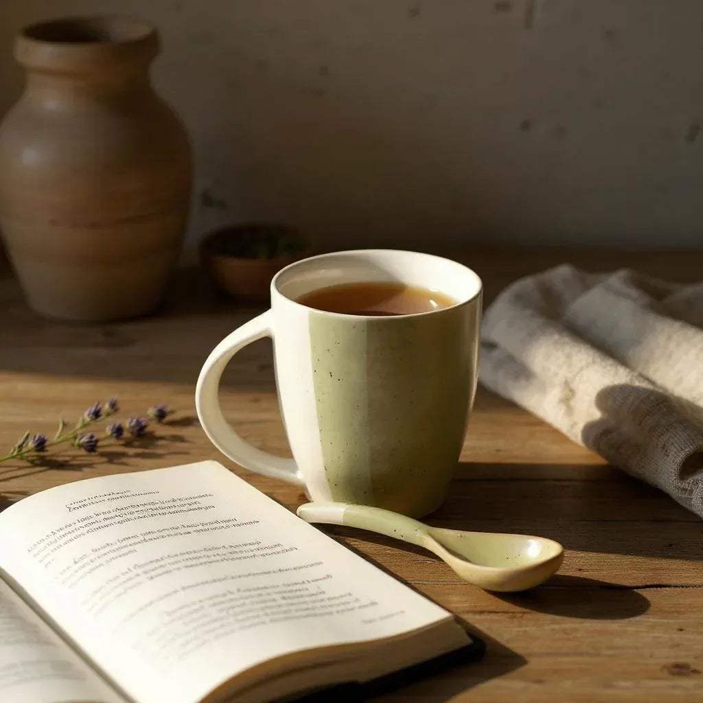 Morning ritual; a hand holding the green ceramic mug over a cozy blanket with an open book and a small plant.