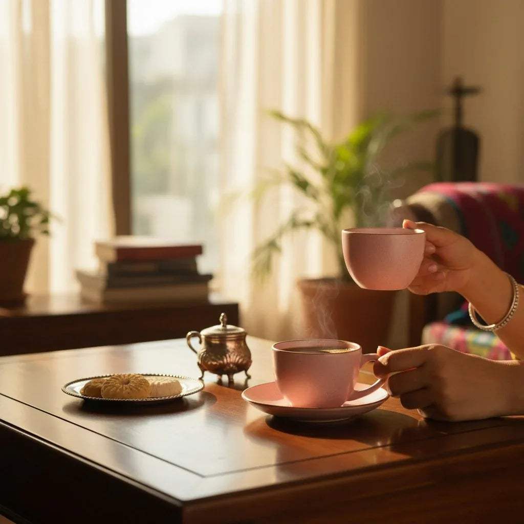 Morning tea ritual; a person holding the Dusty Rose cup in a sunlit kitchen for a cozy, soft-glam breakfast vibe.