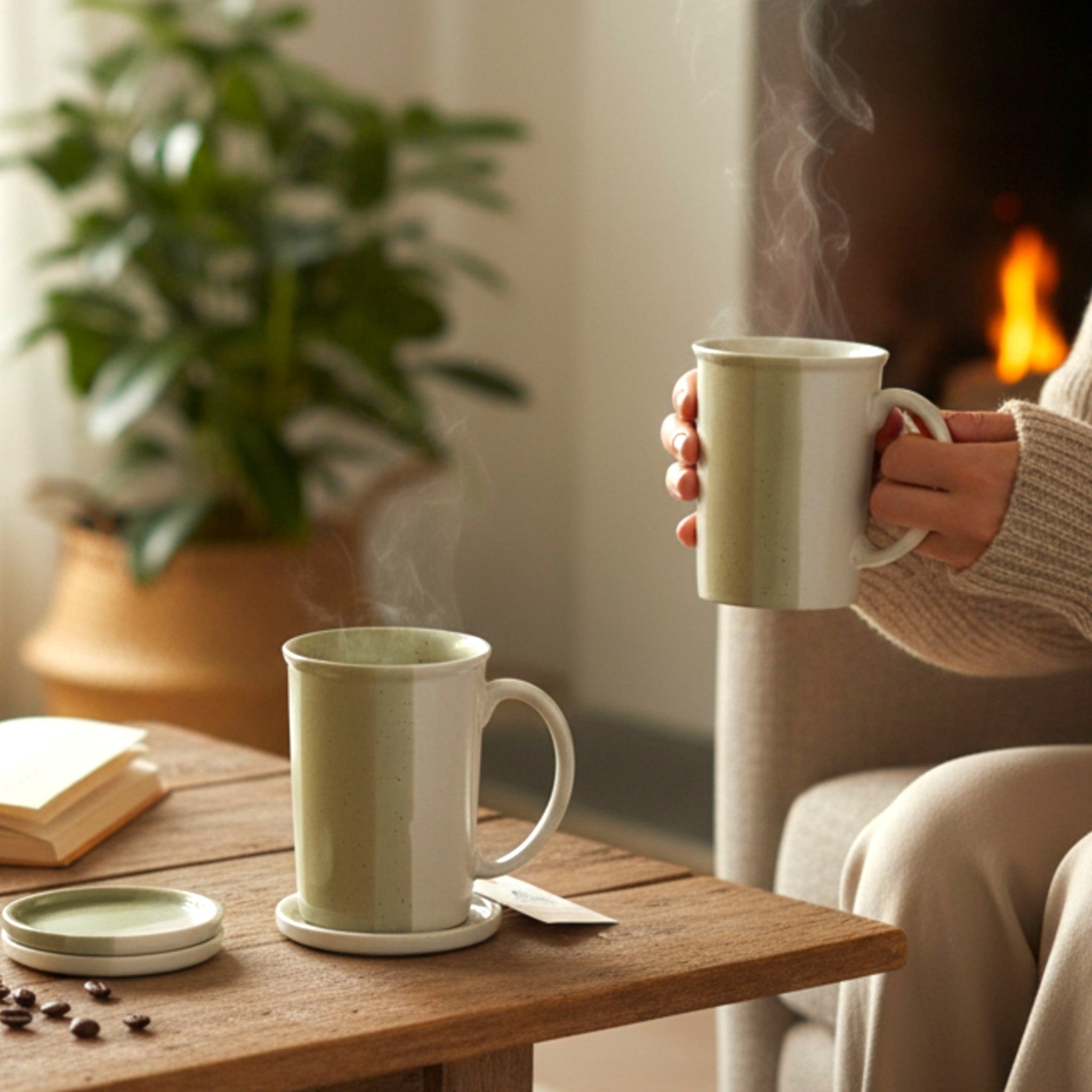 Cozy Sip Mugs by a fireplace; Pinterest-worthy winter morning styling and aesthetic hot cocoa photography.