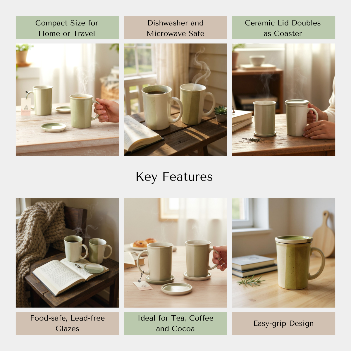 Rustic Stone quality; microwave safe, dishwasher safe, non-toxic, lead-free handcrafted ceramic mugs.