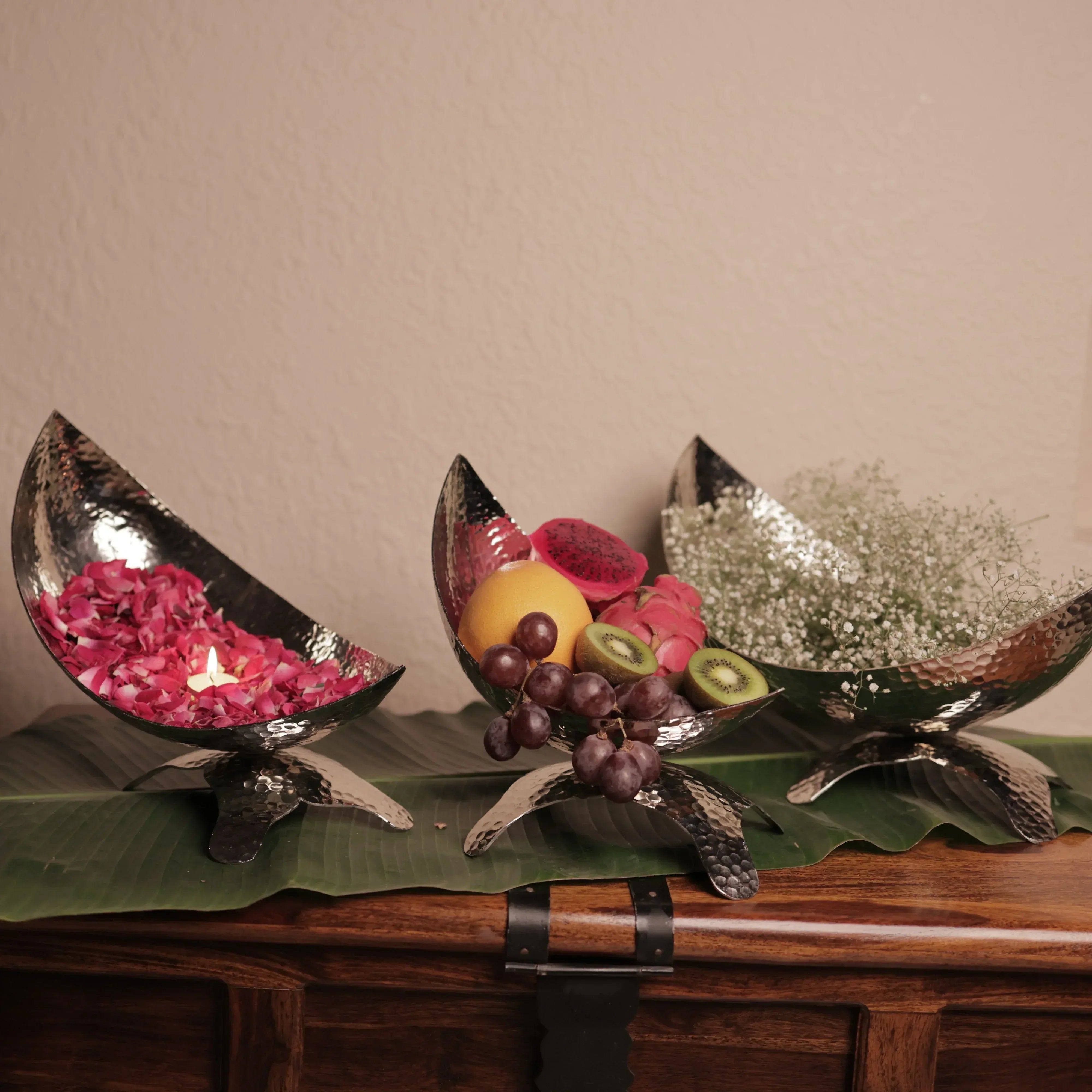 Crescent Harmony 3 sizes of aluminium bowls (S/M/L) with a Pinterest worthy festive set up with fruits and flowers.