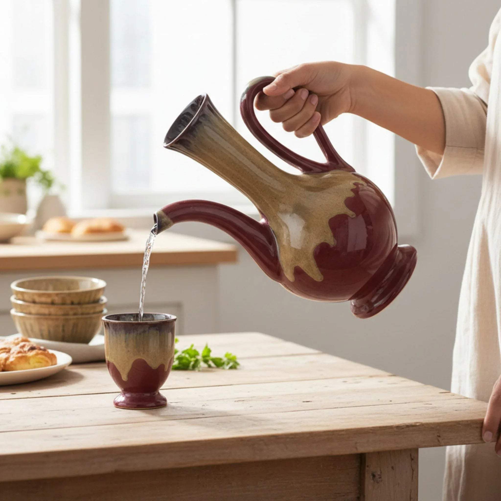 Zen corner; the vessel pouring water into a cup, capturing the "sunset" mood of the room. 