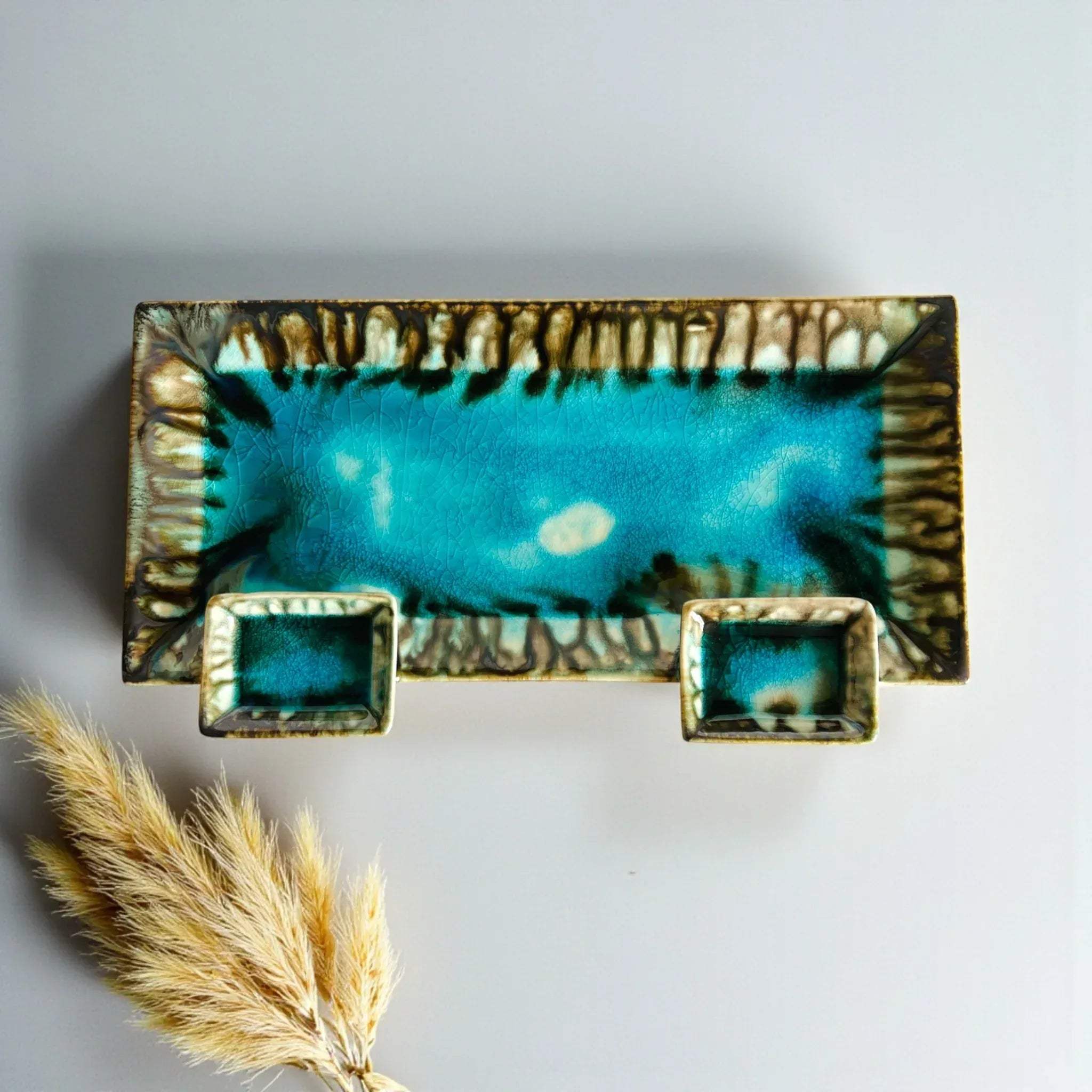 Rustic Stone Crystal Cove Platter; blue crystalline ceramic serving tray for coastal home decor and gifting.