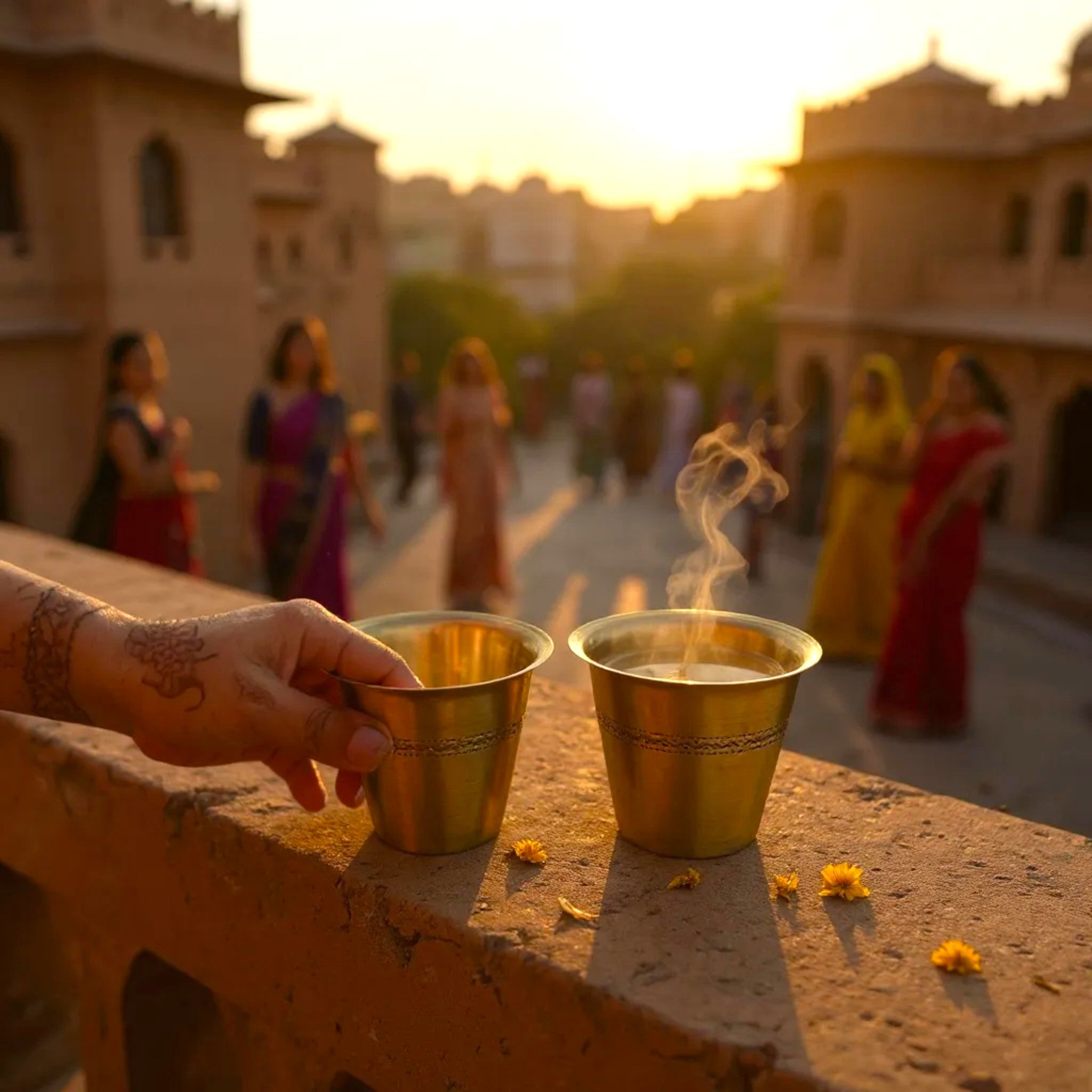 Two gold cups with smoke in a warm, sunlit outdoor setting with people in the background.