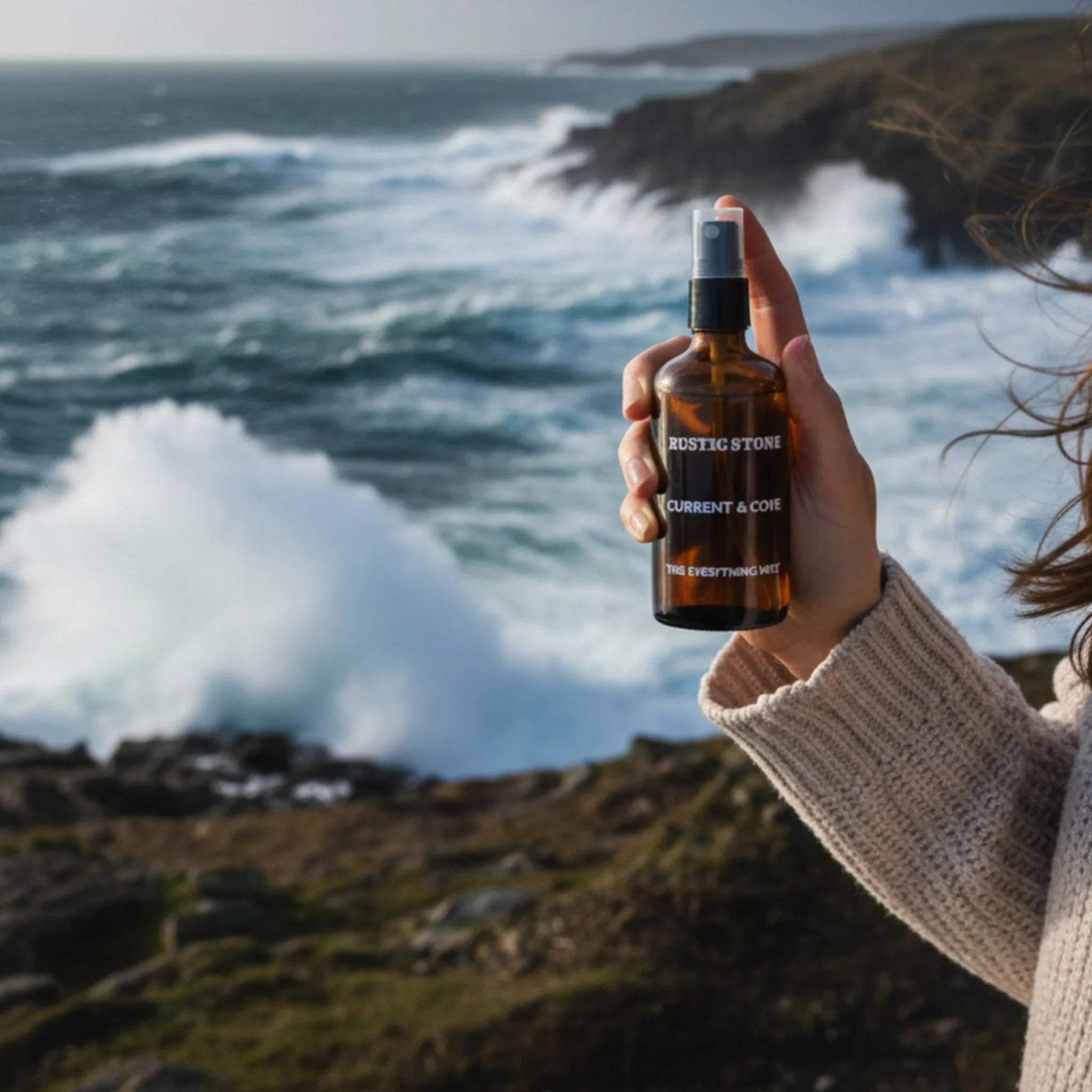 Current Cove bottle in hand; 100ml size perfect for refreshing guest rooms, linens, or travel kits for a clean scent.