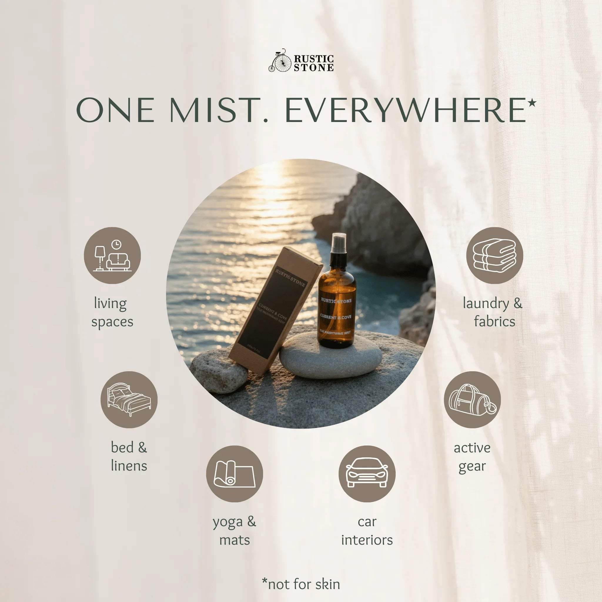 Current & Cove multi utility mist; spraying on curtains, linens, and sofa to refresh home fabrics.