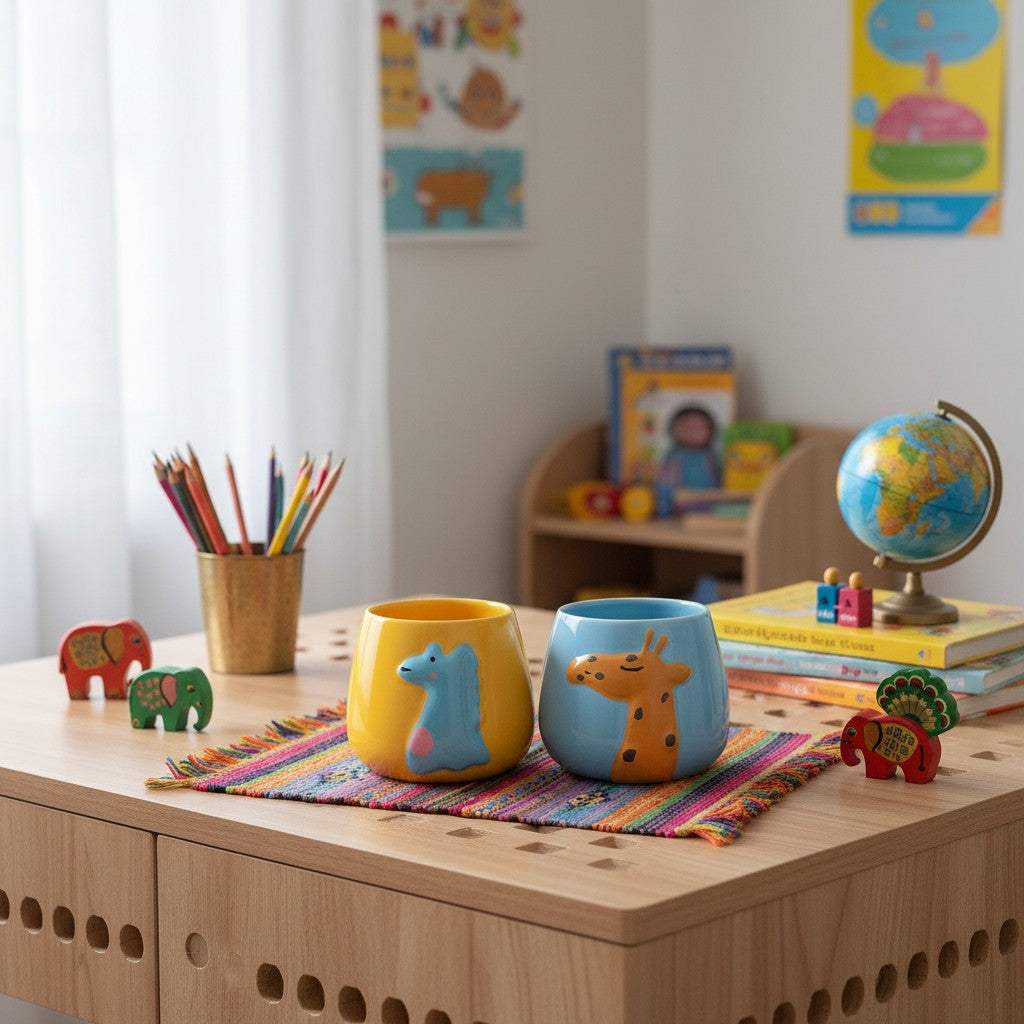 The colorful giraffe and dinosaur ceramic planters kept on a sunlit table in a children's playroom.