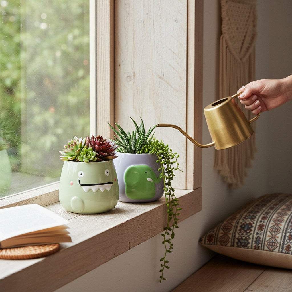 The elephant and monster ceramic pots holding succulents next to a window on a bright living room.