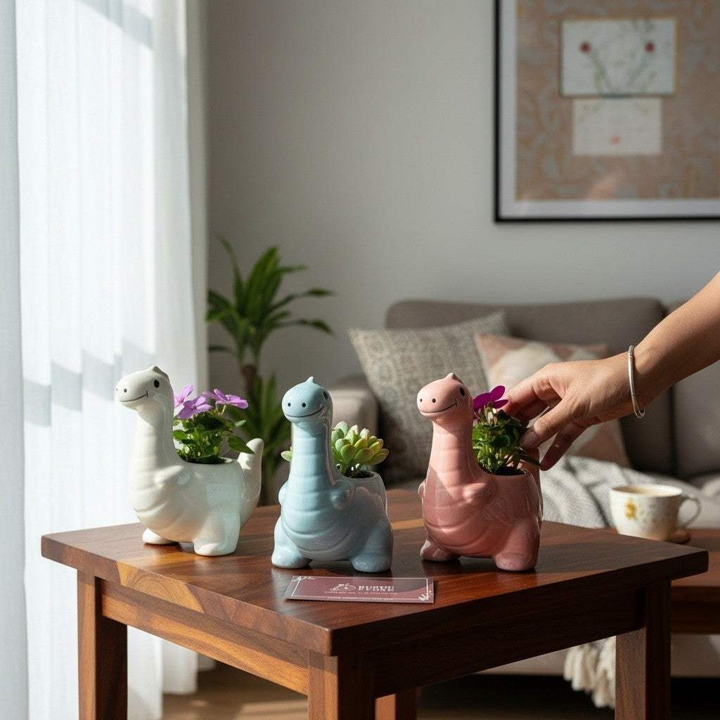 The pastel pink and light blue ceramic dinosaur pots holding succulents and flowers on a coffee table.