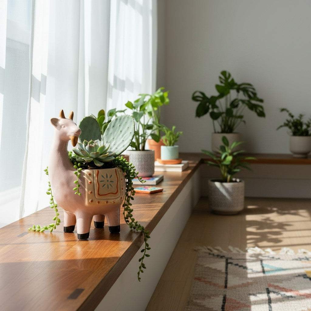 The whimsical pink ceramic animal planter holding a mini succulent on a sunlit nursery shelf or bedroom bookcase.