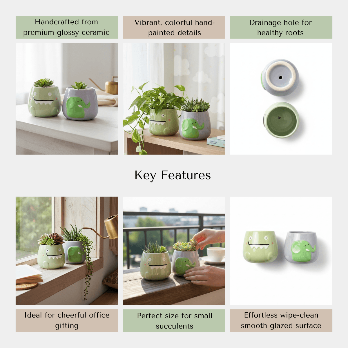Infographic image highlighting the glossy glaze finish, drainage hole base, and hand-painted details of the animal planters.