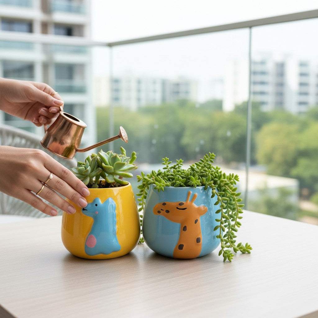 The yellow dinosaur and blue giraffe ceramic pots curated together as a unique office gifting option for colleagues, friends and kids.