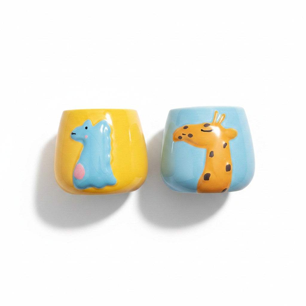 Close-up of the smooth blue glossy glazed finish and embossed orange giraffe details on the ceramic character pot.