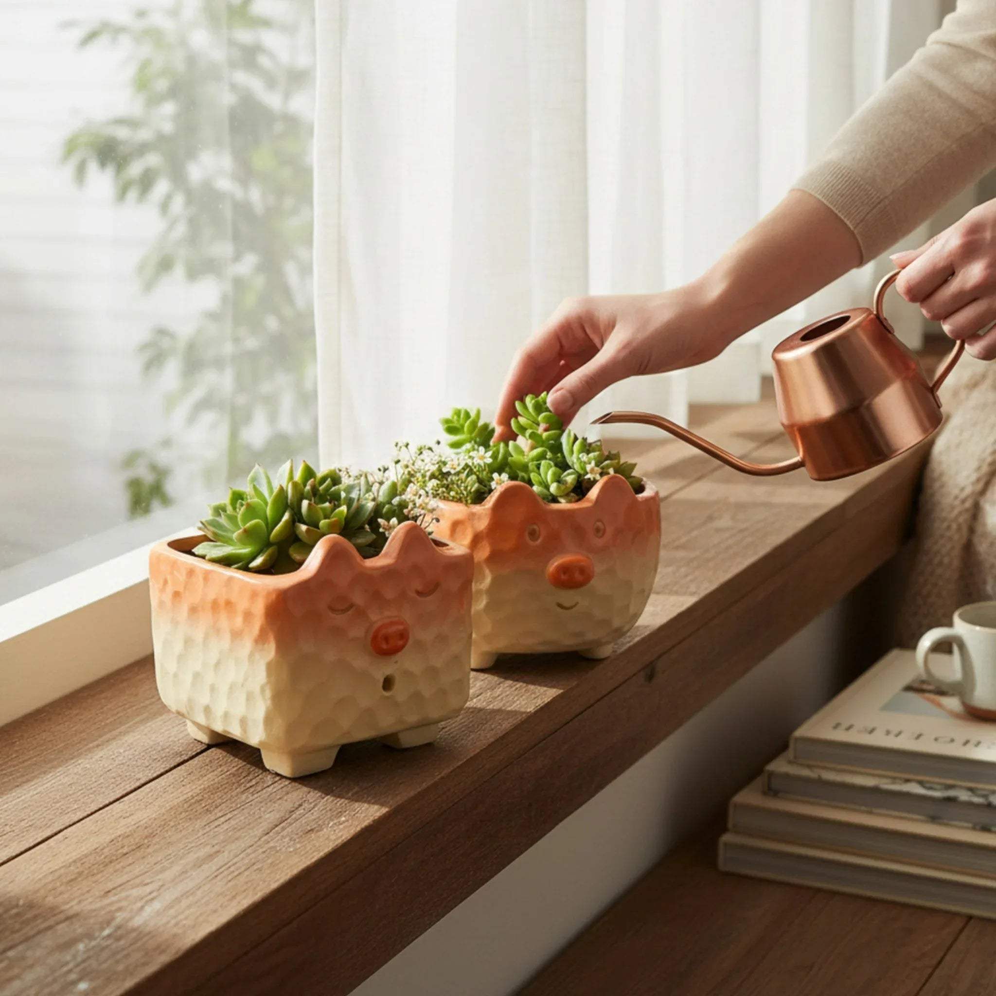 Living room windowsill; the "snout" duo holding succulents, adding a touch of humor to the living space.