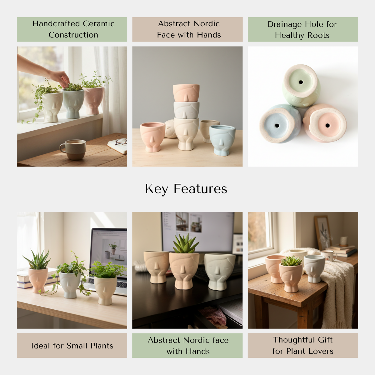 Rustic Stone quality; breathable ceramic, non-toxic, lead-free handcrafted mini desk planters.