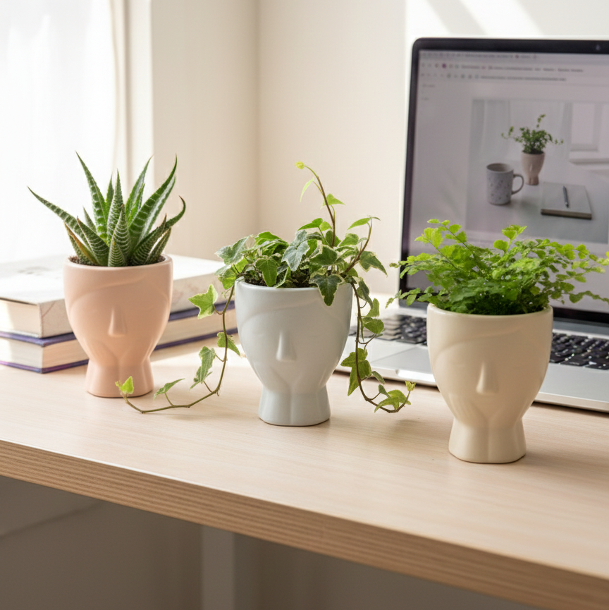 Daydream Planters on a computer desk; Pinterest-worthy workspace styling and aesthetic office greenery.