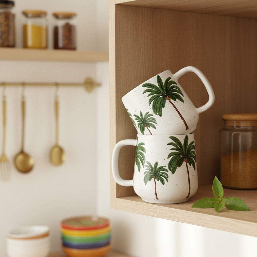The Palm Oasis Ritual Set of 2 mugs, presented as a thoughtful gift idea for coffee lovers and home decor enthusiasts.