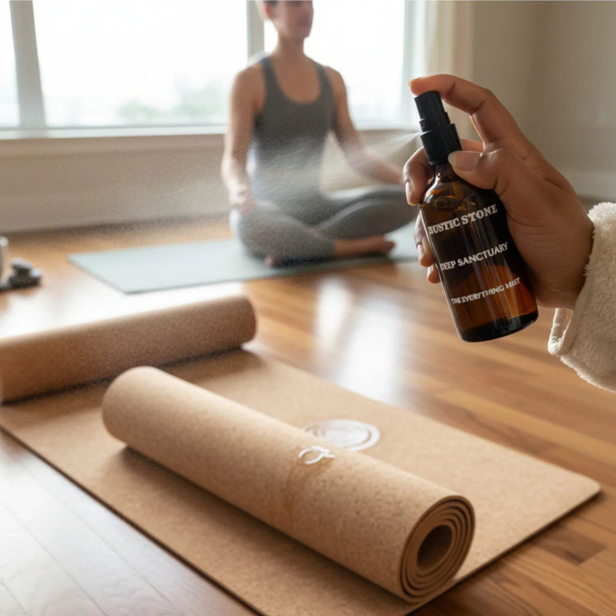 Deep Sanctuary bottle in hand; travel-sized home fragrance perfect for yoga mats or office refreshing.