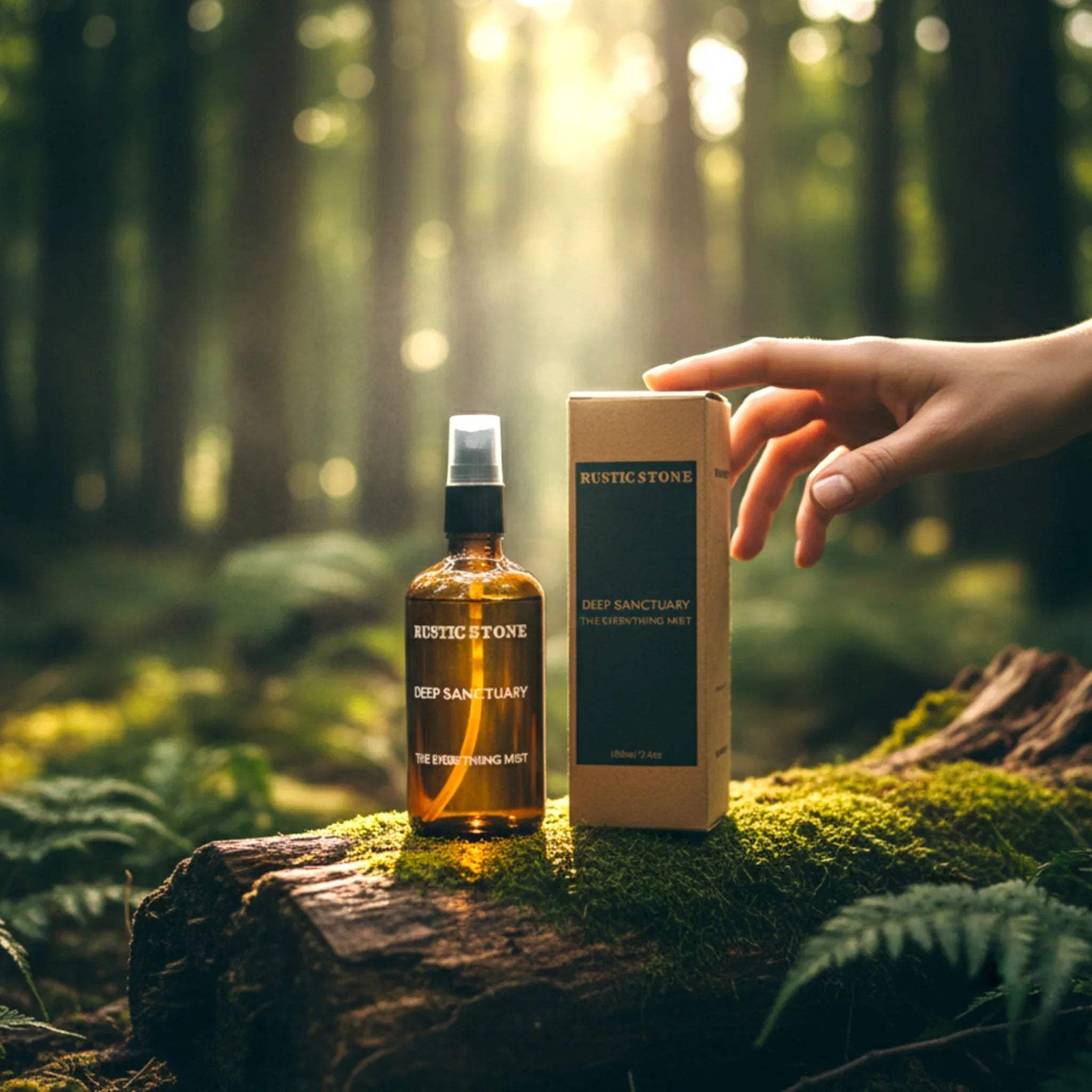 Rustic Stone Deep Sanctuary Room Mist; amber glass apothecary bottle for luxury home fragrance.