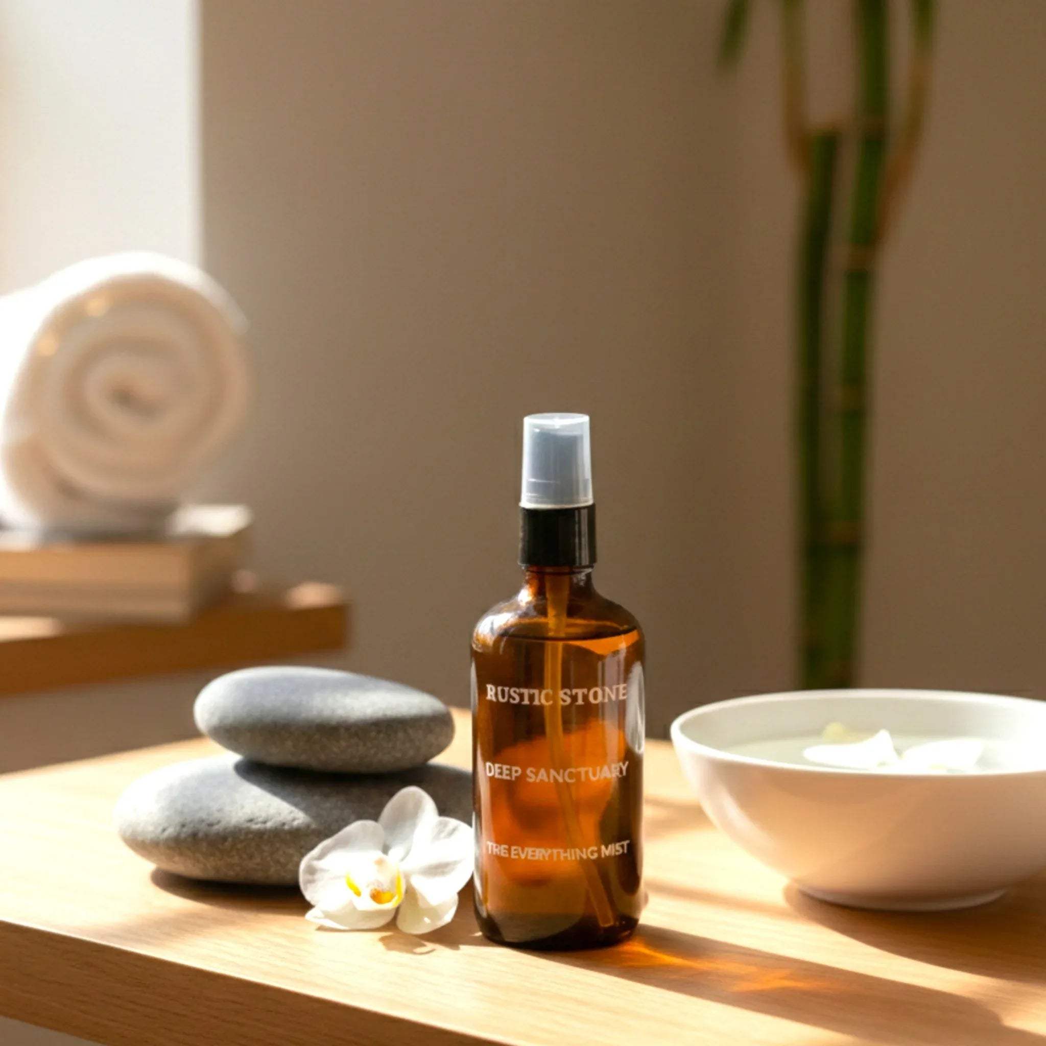 Deep Sanctuary Mist on a spa table; high-quality glass packaging for artisan home wellness collections.